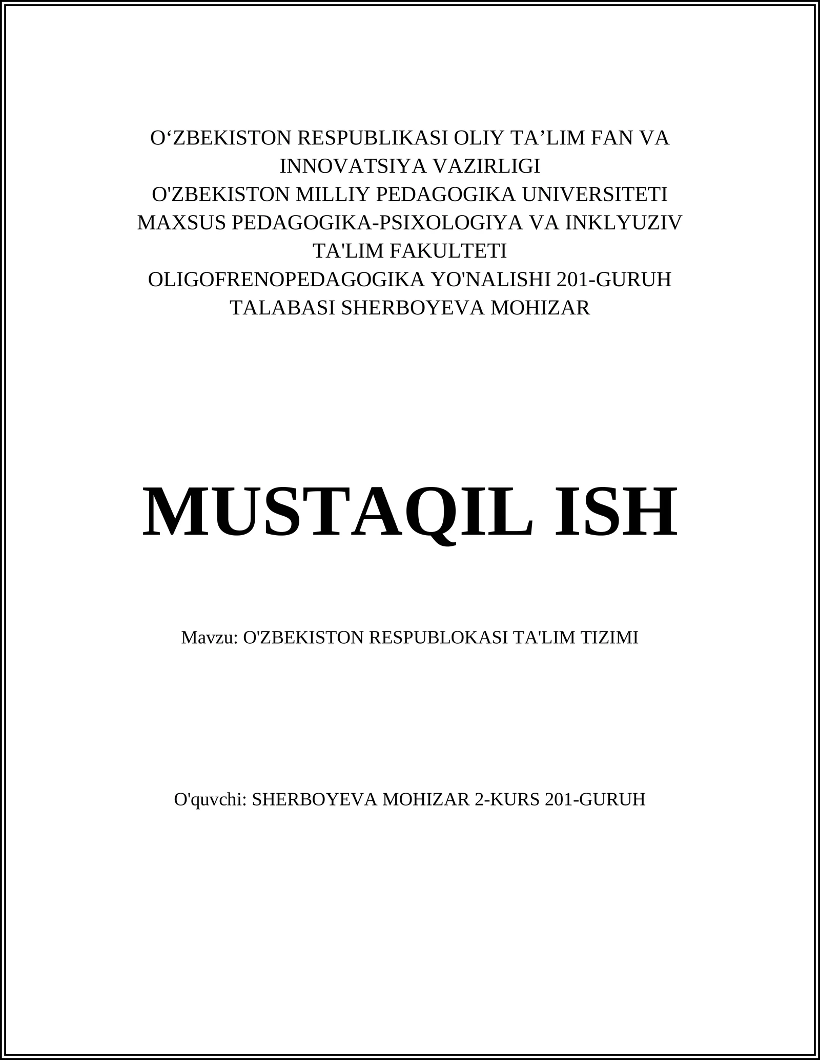 O'zbekiston Respublikasi Ta'lim Tizimi