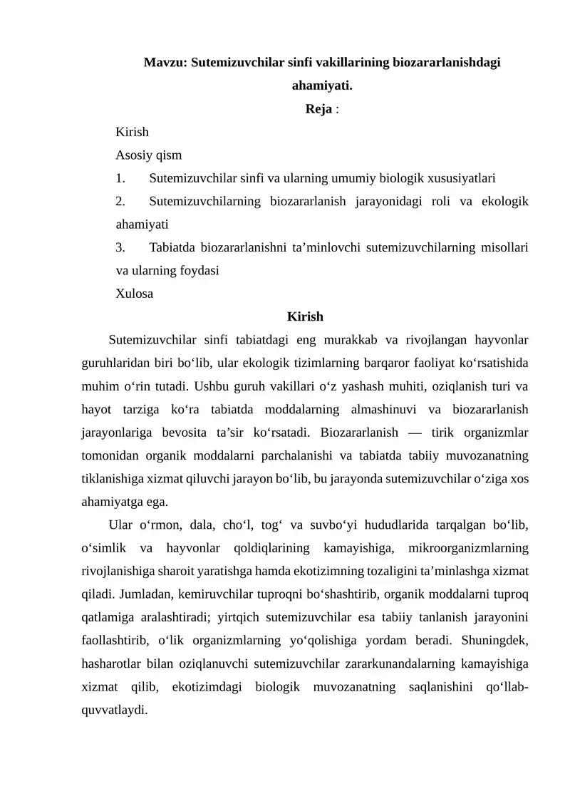 Sutemizuvchilar sinfi vakillarining biozararlanishdagi ahmiyati