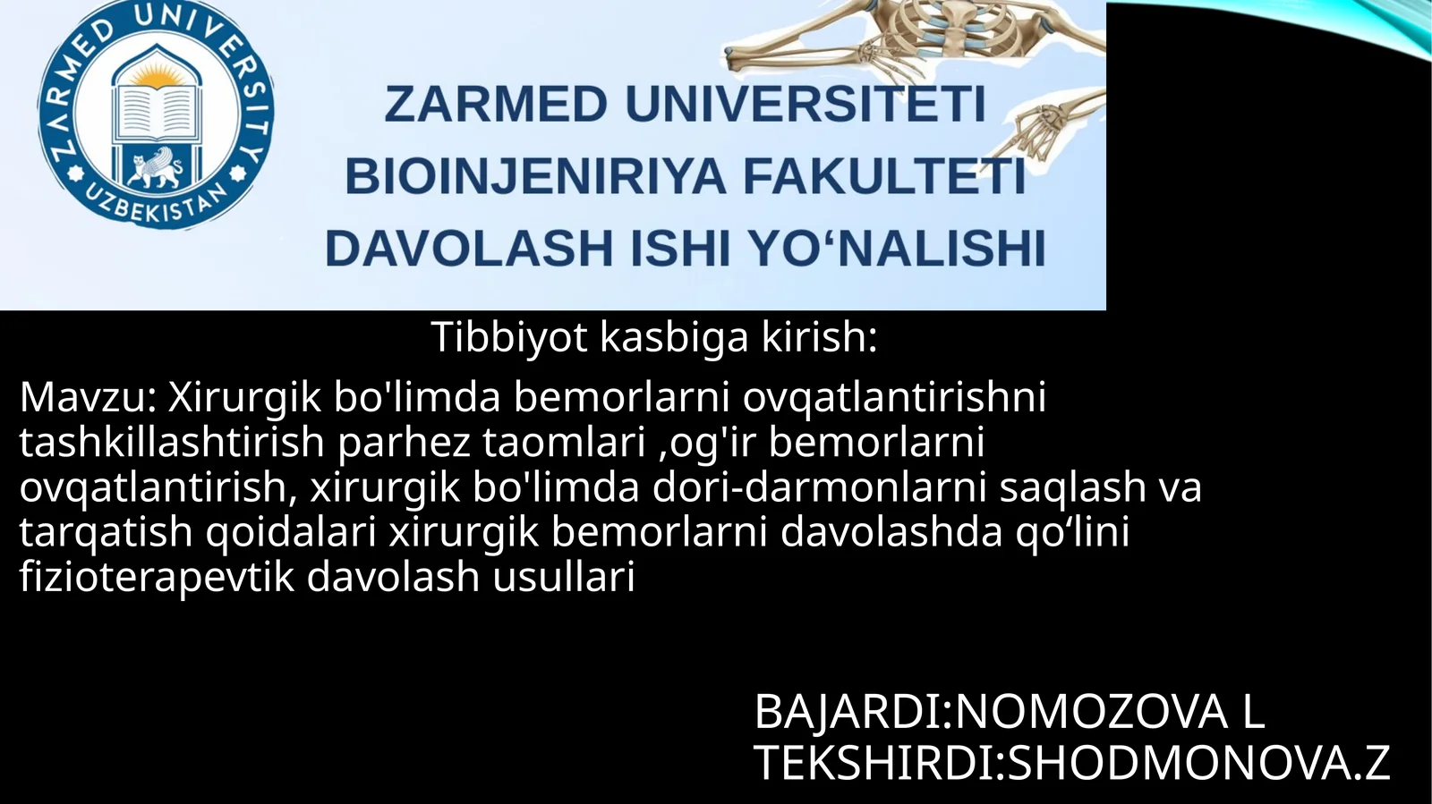 Xirurgik bo'limda ovqatlantirishni tashkillashtirish