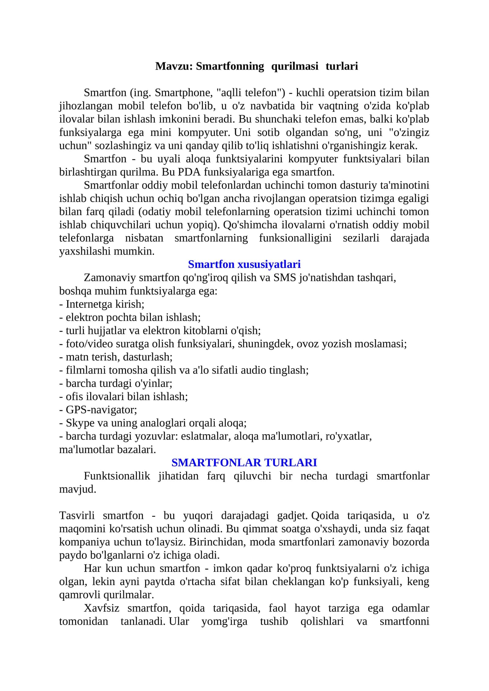 Smartfonning qurilmasi turlari