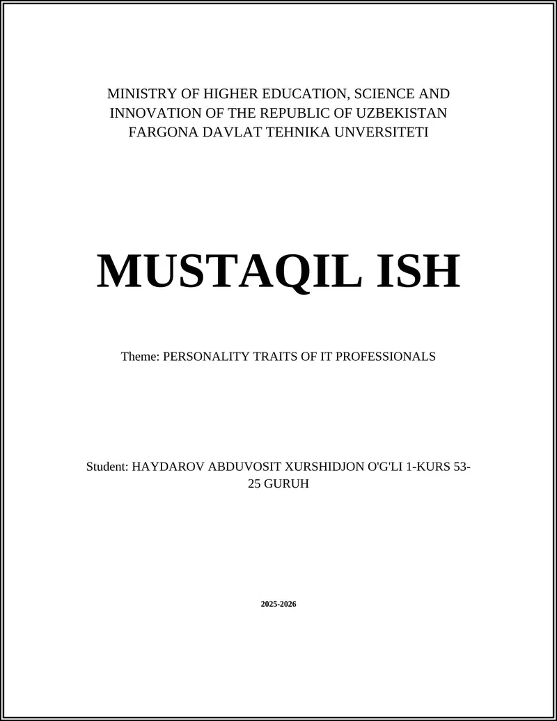 MUSTAQIL ISH: PERSONALITY TRAITS OF IT PROFESSIONALS