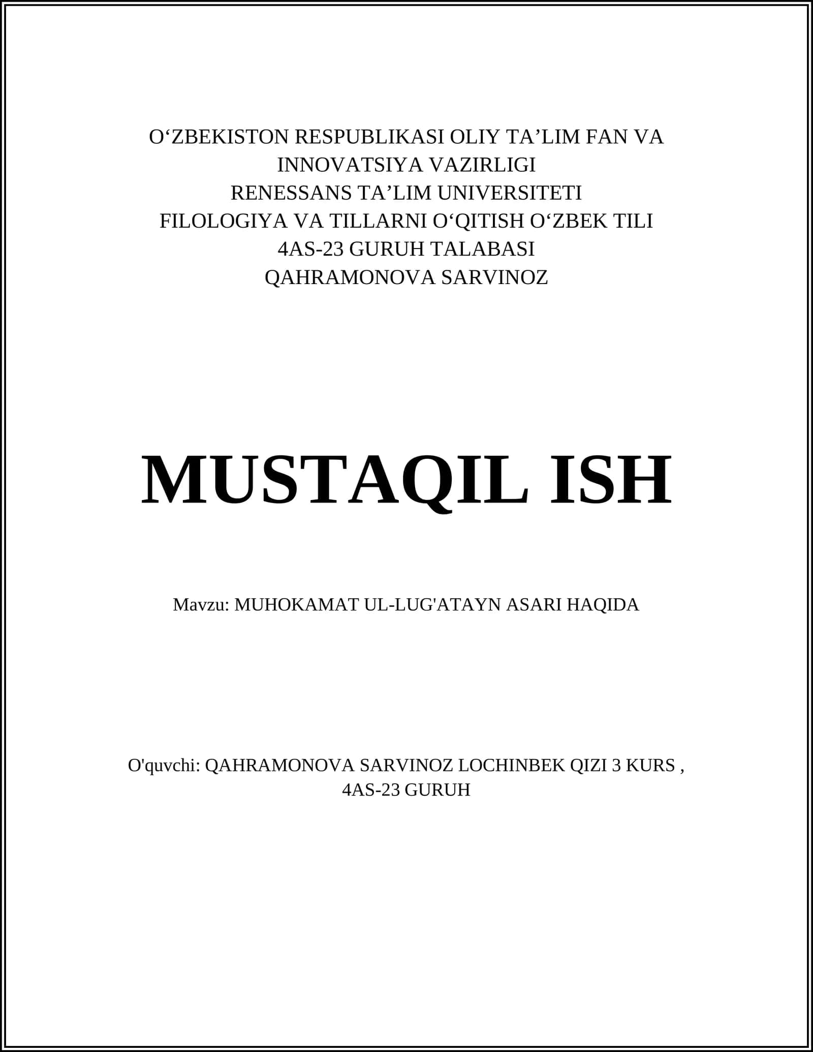 MUHOKAMAT UL-LUG'ATAYN ASARI HAQIDA