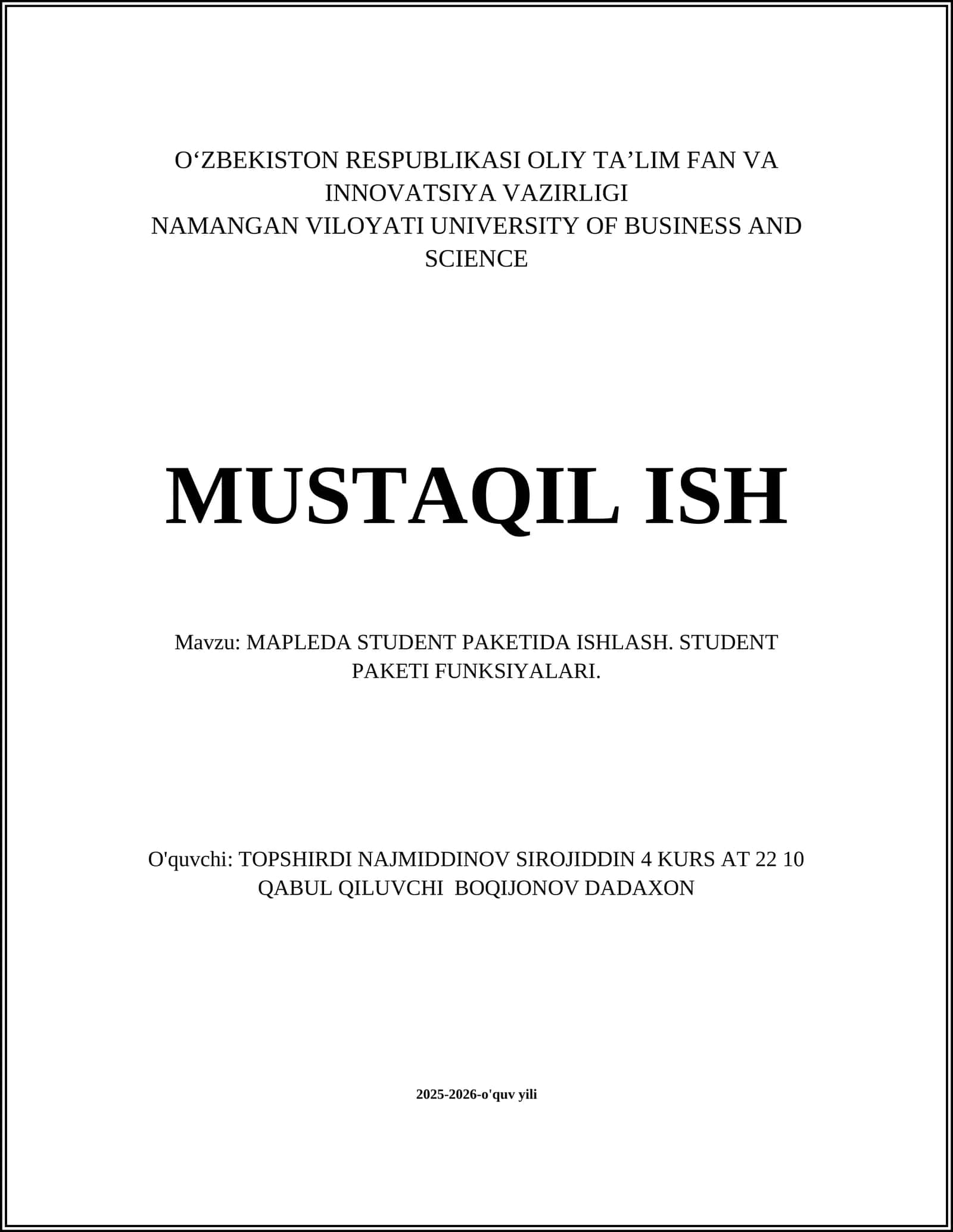 MAPLEDA STUDENT PAKETIDA ISHLASH. STUDENT PAKETI FUNKSIYALARI