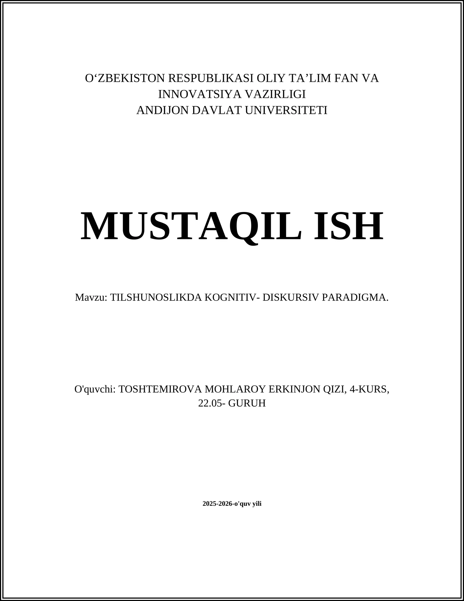 TILSHUNOSLIKDA KOGNITIV- DISKURSIV PARADIGMA