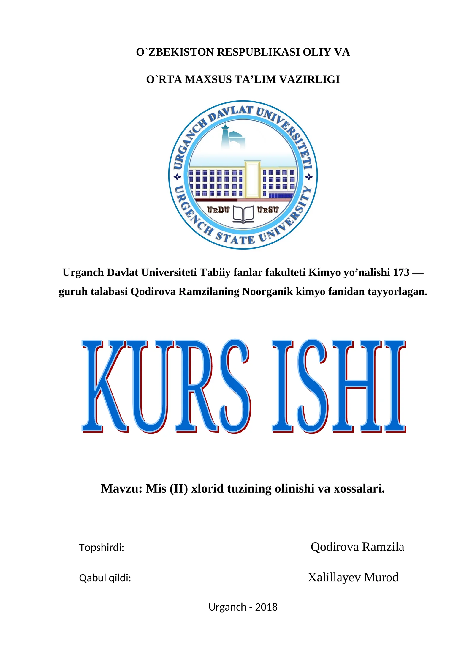 Mis (II) xlorid tuzining olinishi va xossalari