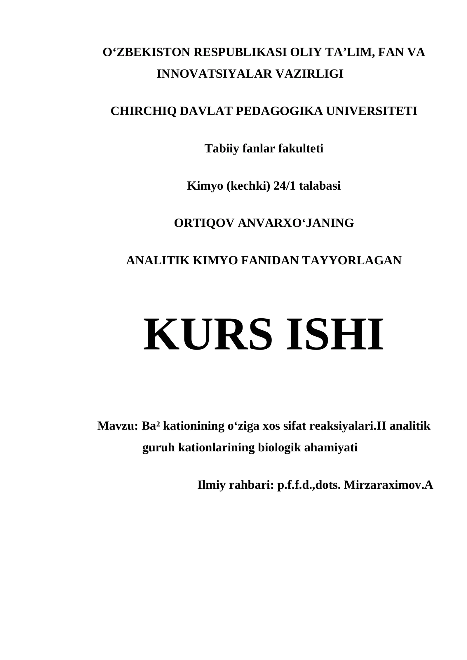 BA² KATIONINING O‘ZIGA XOS SIFAT REAKSIYALARI.II ANALITIK GURUH KATIONLARINING BIOLOGIK AHAMIYATI
