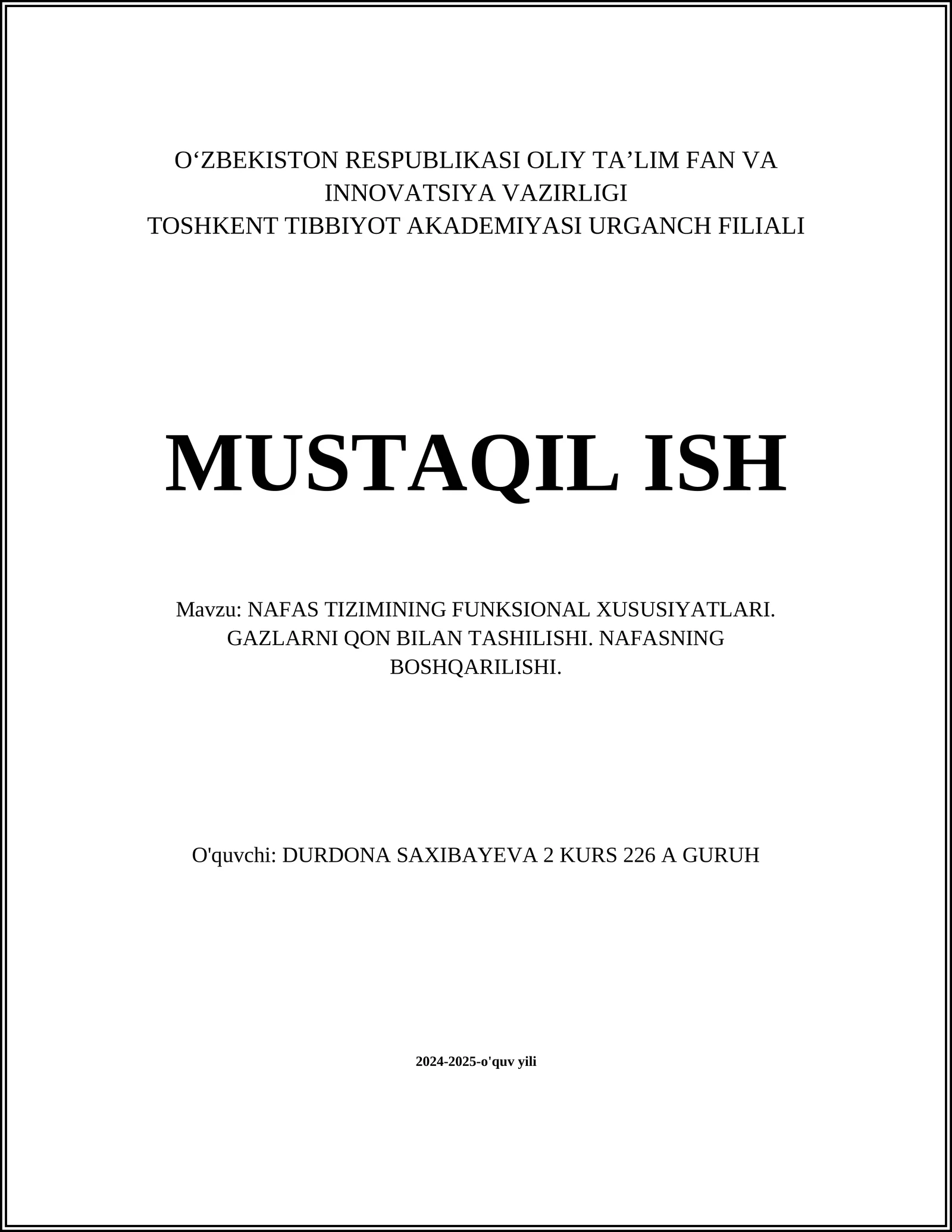 NAFAS TIZIMINING FUNKSIONAL XUSUSIYATLARI