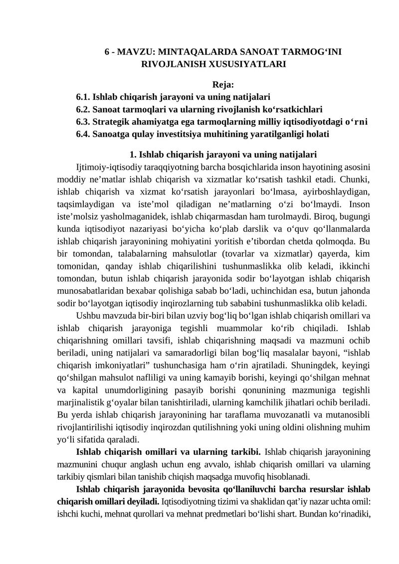 Mintaqalarda Sanoat Tarmogʻini Rivojlanish Xususiyatlari
