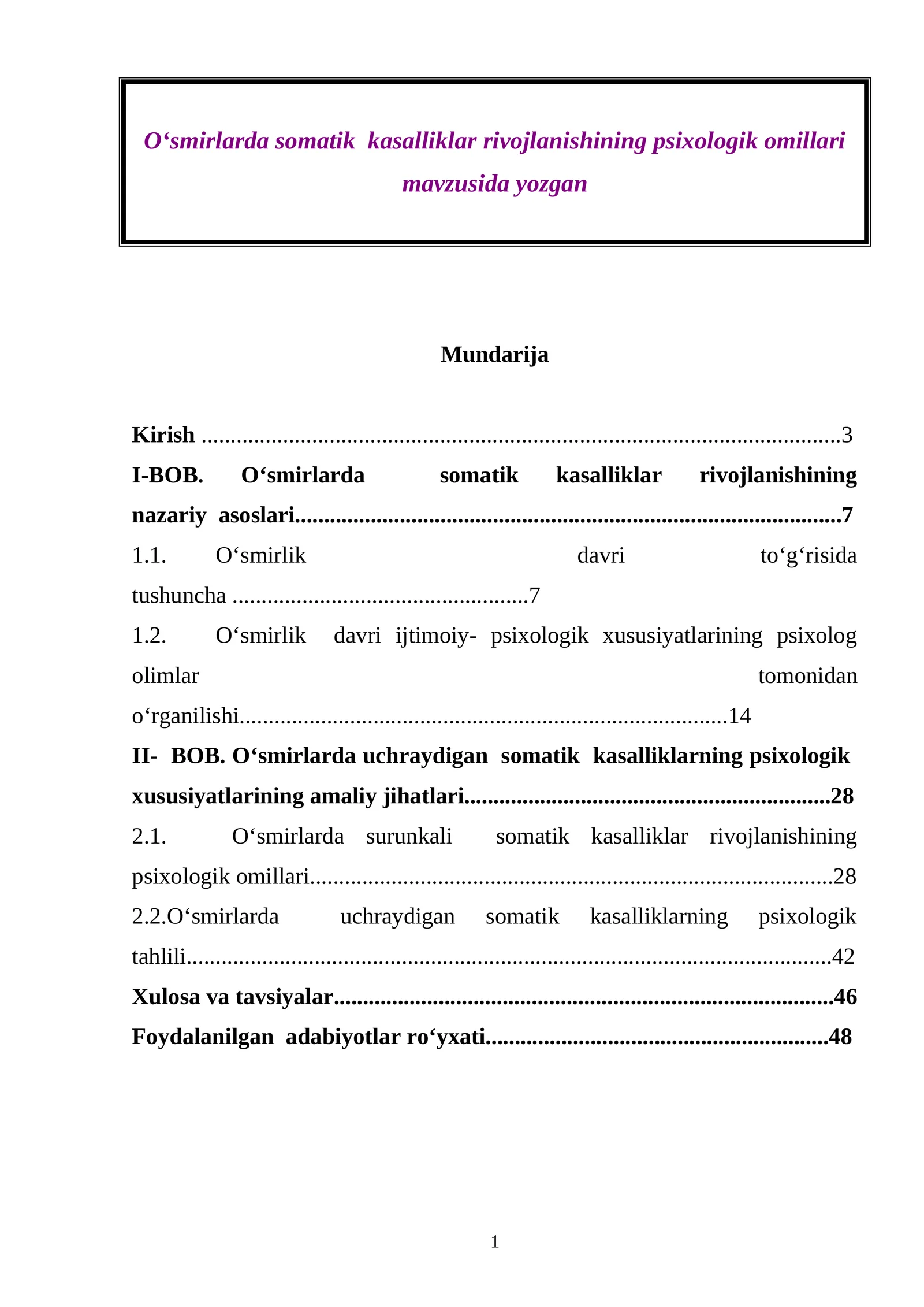 O‘smirlarda somatik kasalliklar rivojlanishining psixologik omillari