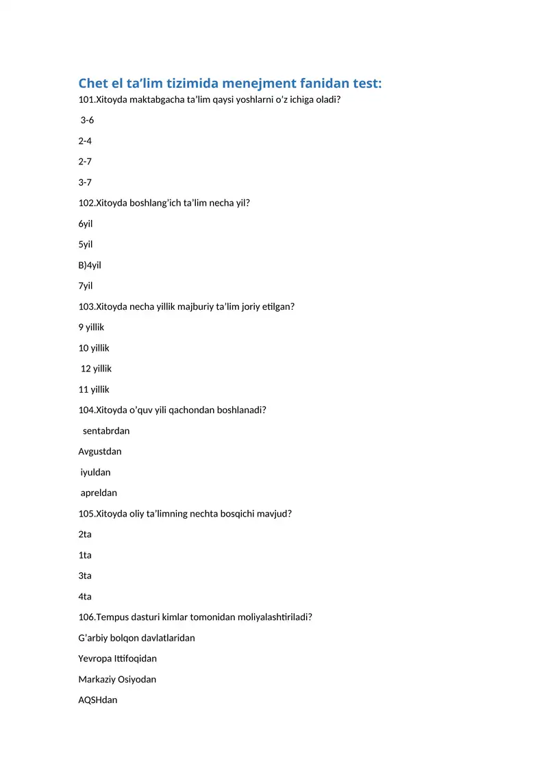 Chet el ta’lim tizimida menejment fanidan test