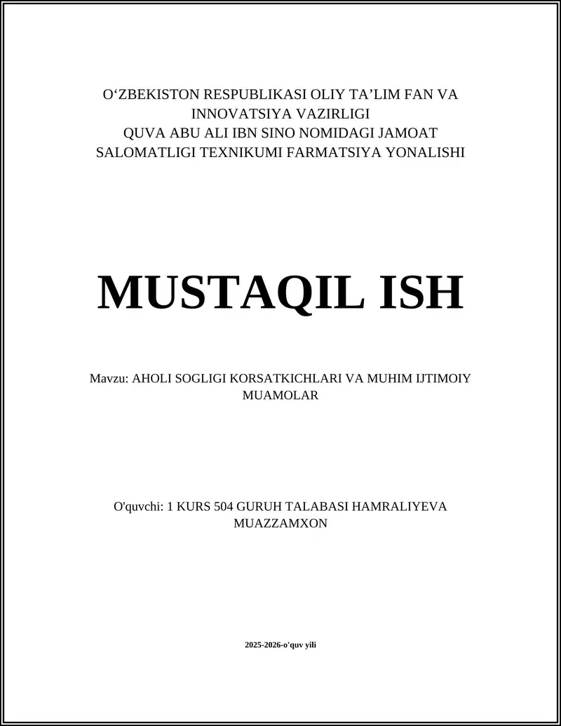 AHOLI SOGLIGI KORSATKICHLARI VA MUHIM IJTIMOIY MUAMOLAR