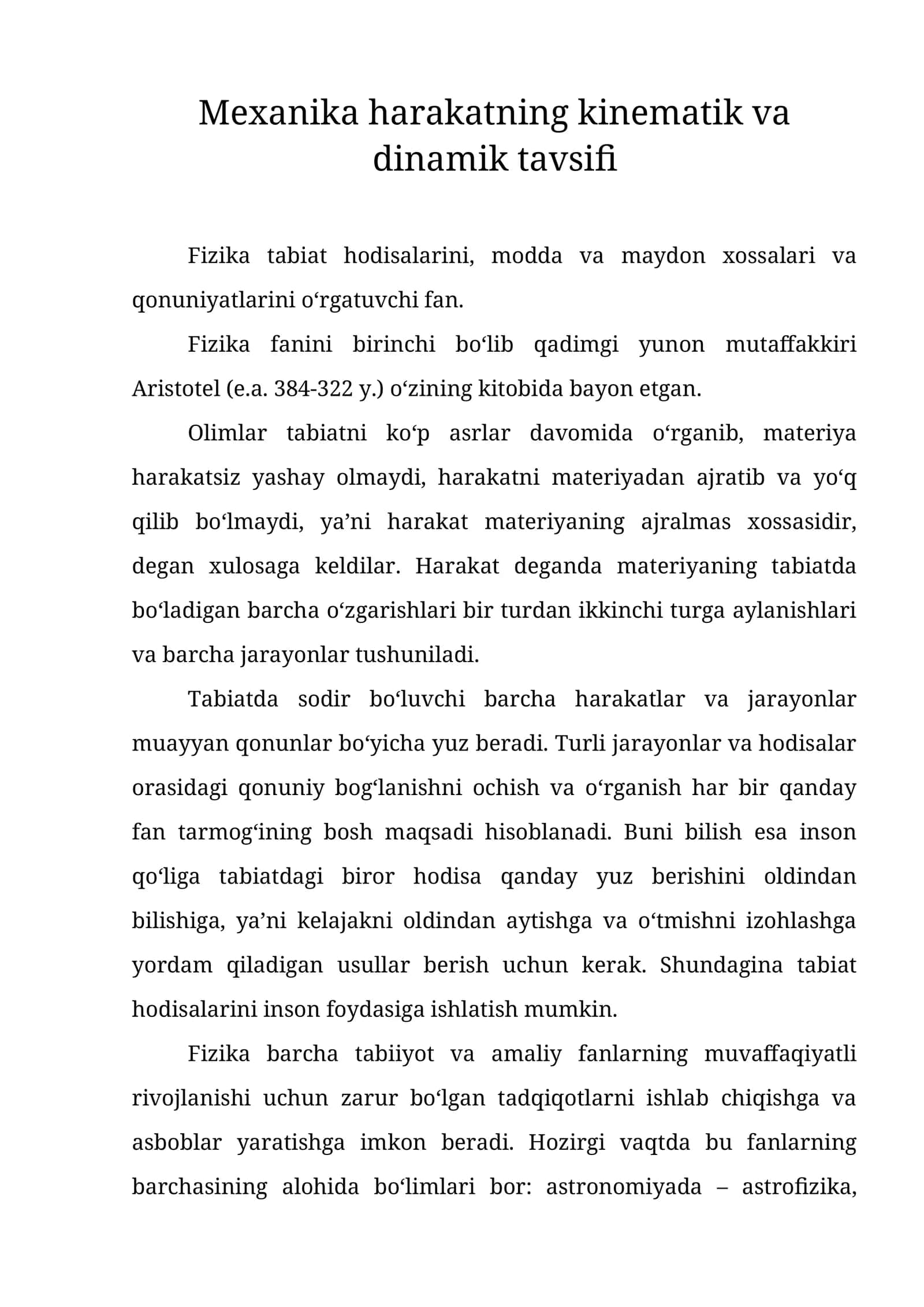 Mexanika harakatning kinematik va dinamik tavsifi