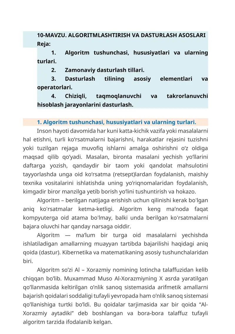 ALGORITMLASHTIRISH VA DASTURLASH ASOSLARI