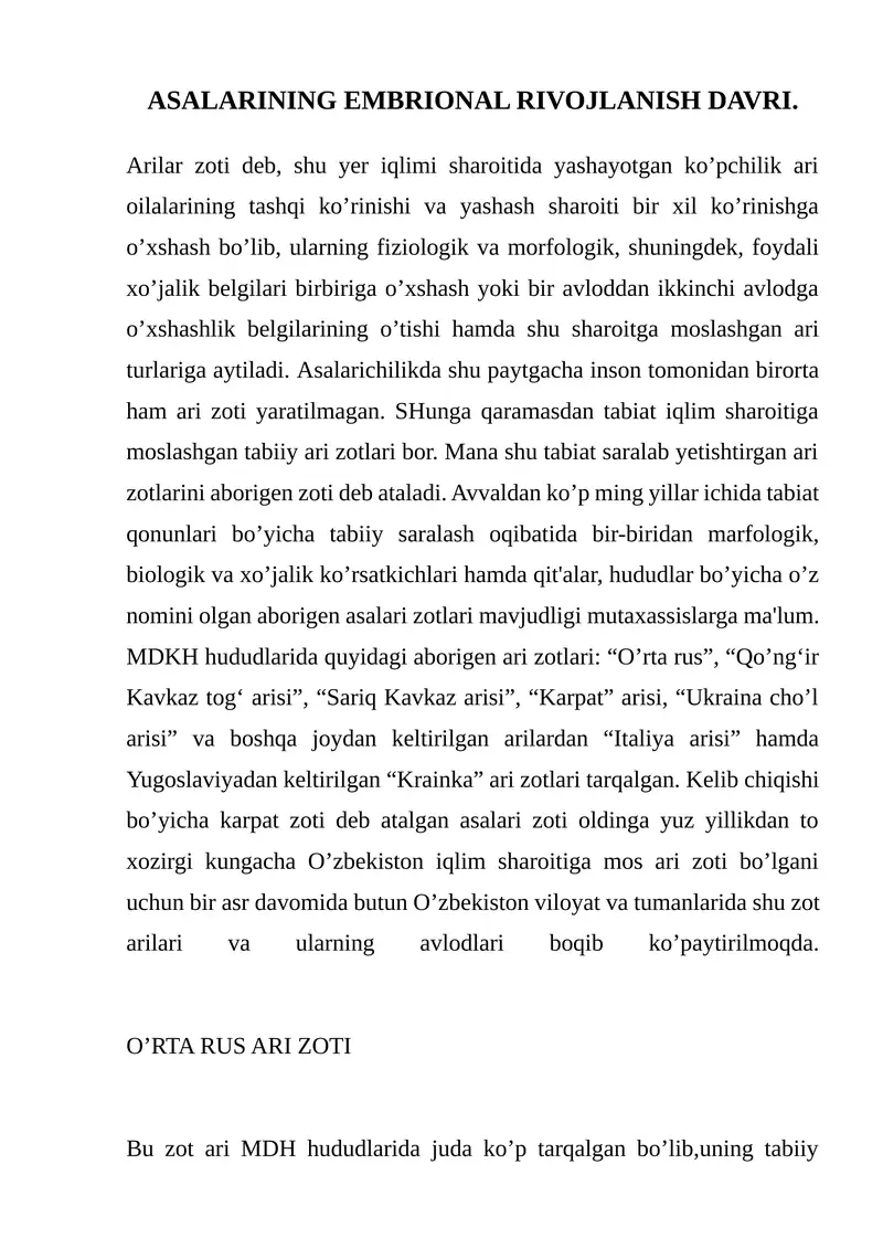 Asalarining embrional rivojlanish davri
