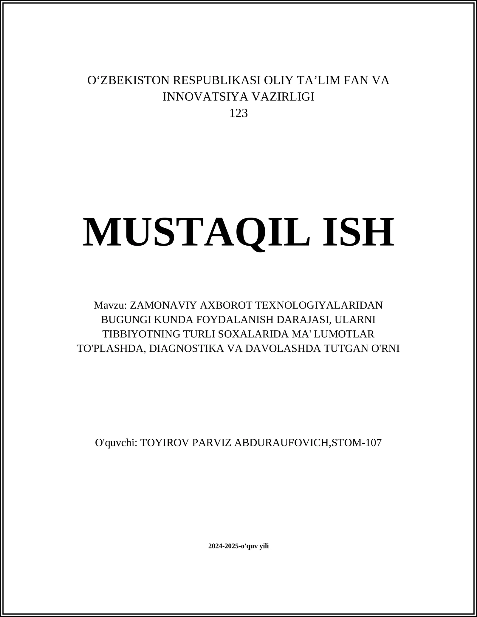 ZAMONAVIY AXBOROT TEXNOLOGIYALARIDAN BUGUNGI KUNDA FOYDALANISH DARAJASI, ULARNI TIBBIYOTNING TURLI SOXALARIDA MA' LUMOTLAR TO'PLASHDA, DIAGNOSTIKA VA DAVOLASHDA TUTGAN O'RNI