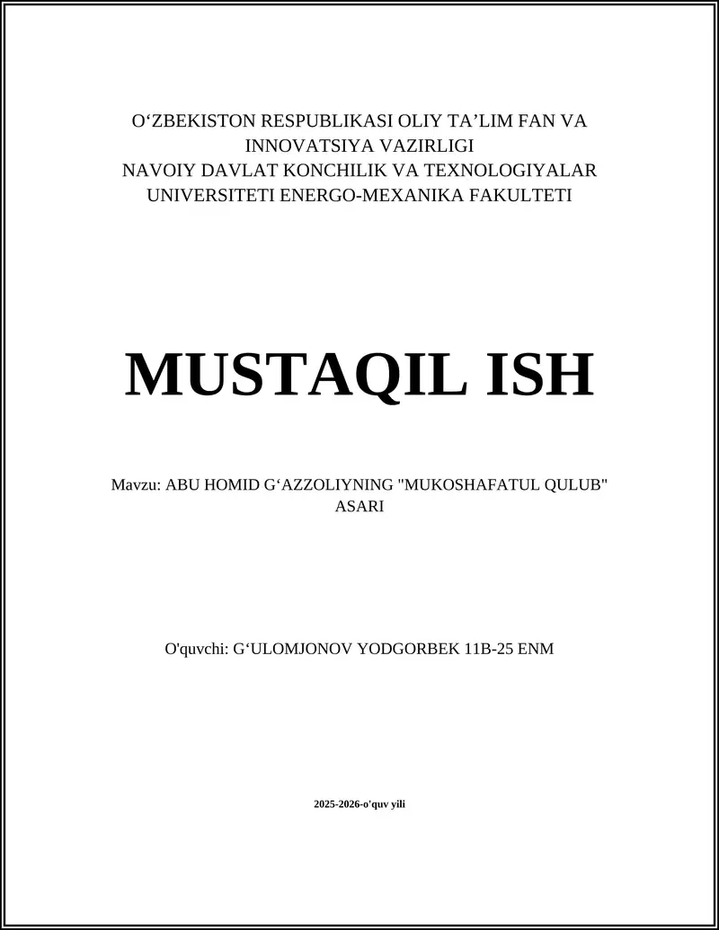 ABU HOMID GʻAZZOLIYNING "MUKOSHAFATUL QULUB" ASARI