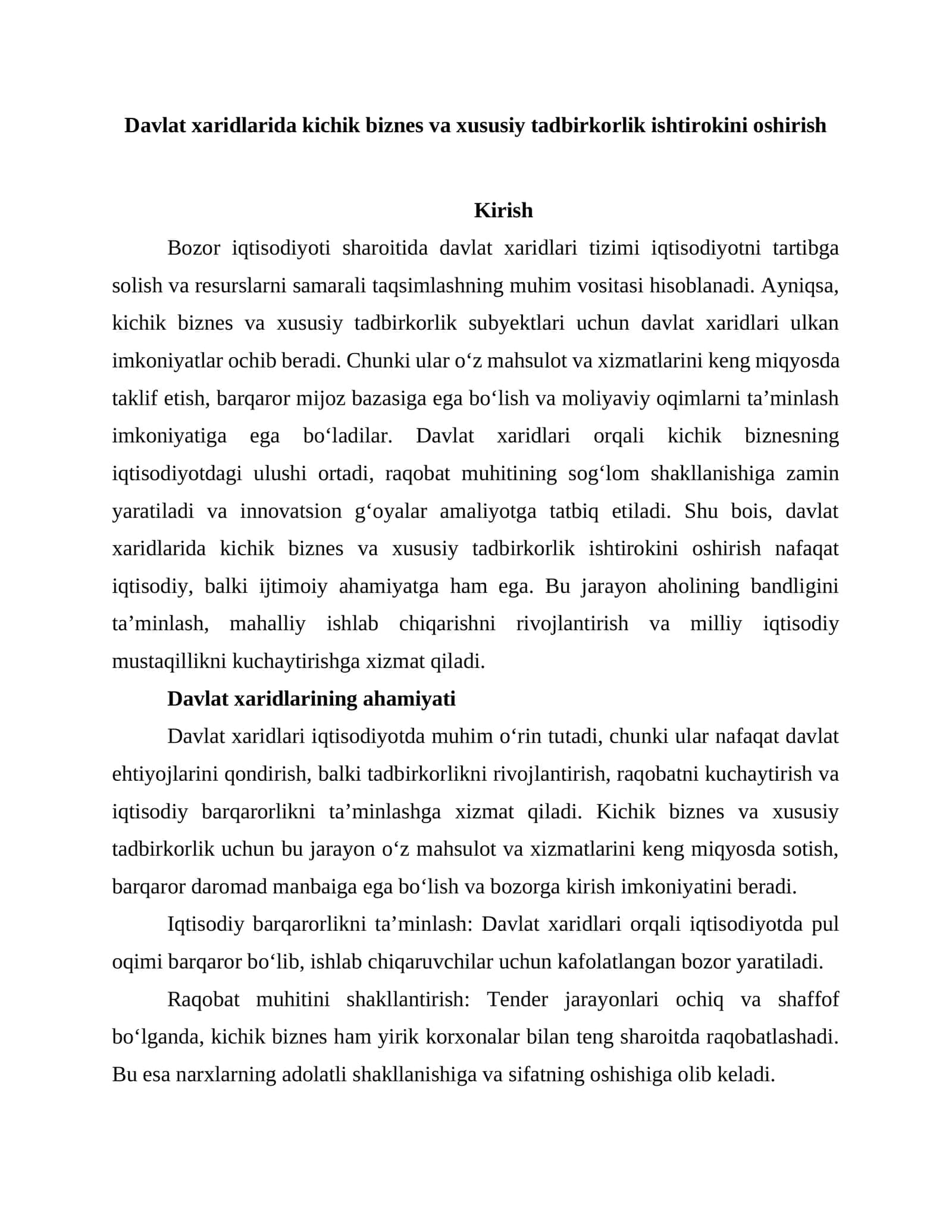 Davlat xaridlarida kichik biznes va xususiy tadbirkorlik ishtirokini oshirish