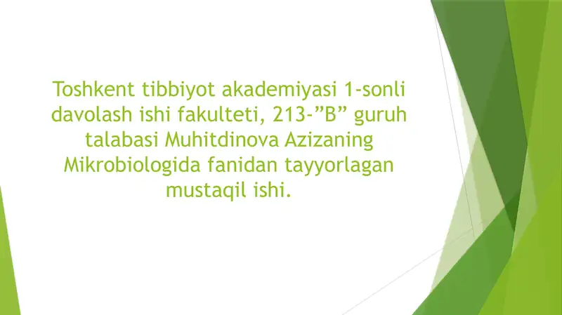 Toshkent Tibbiyot Akademiyasi 1-sonli Davolash Ishi Fakulteti talabasining mustaqil ishi