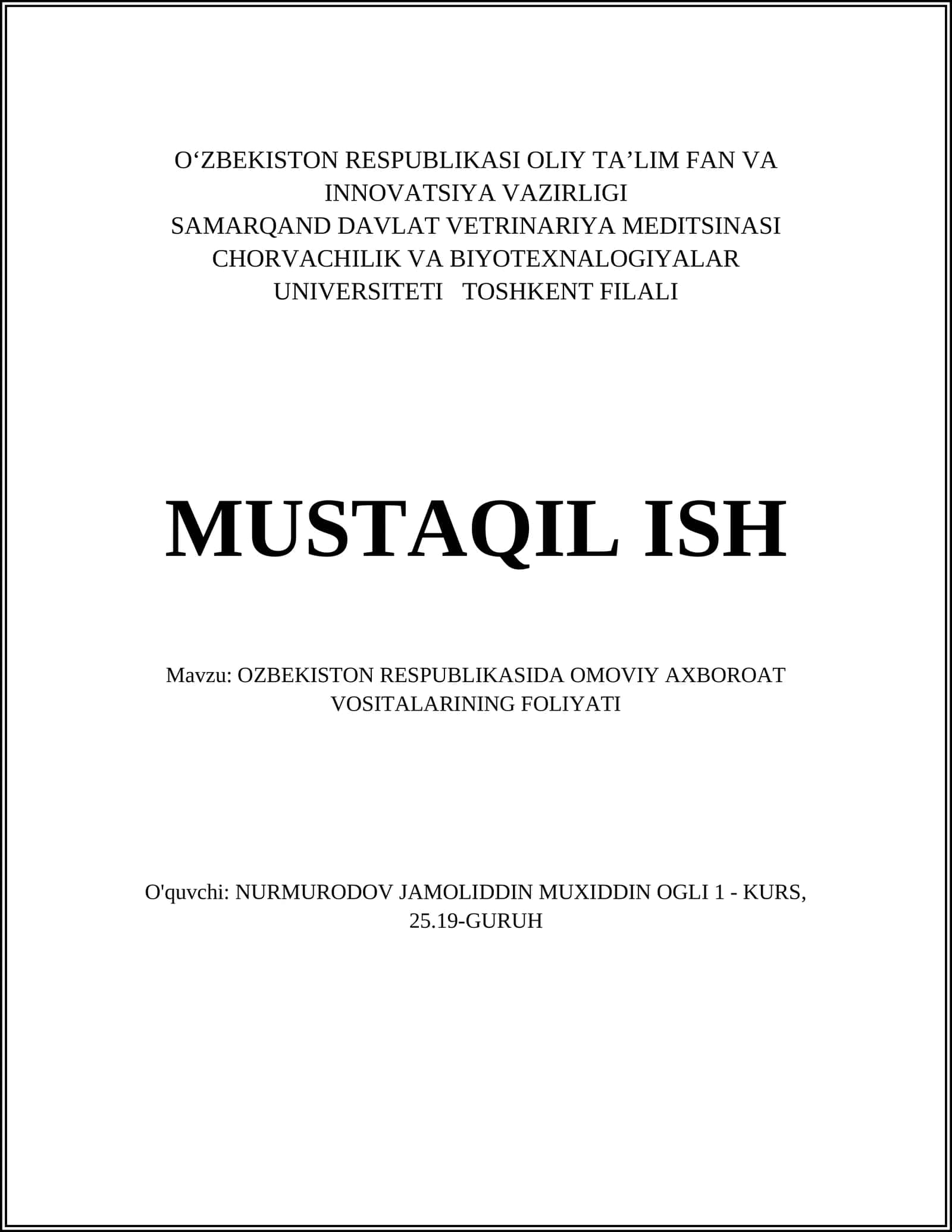 O'zbekiston Respublikasida ommaviy axborot vositalarining foliyati