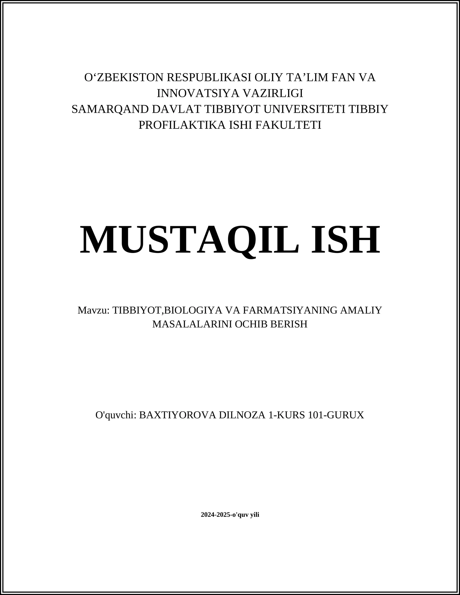 TIBBIYOT,BIOLOGIYA VA FARMATSIYANING AMALIY MASALALARINI OCHIB BERISH