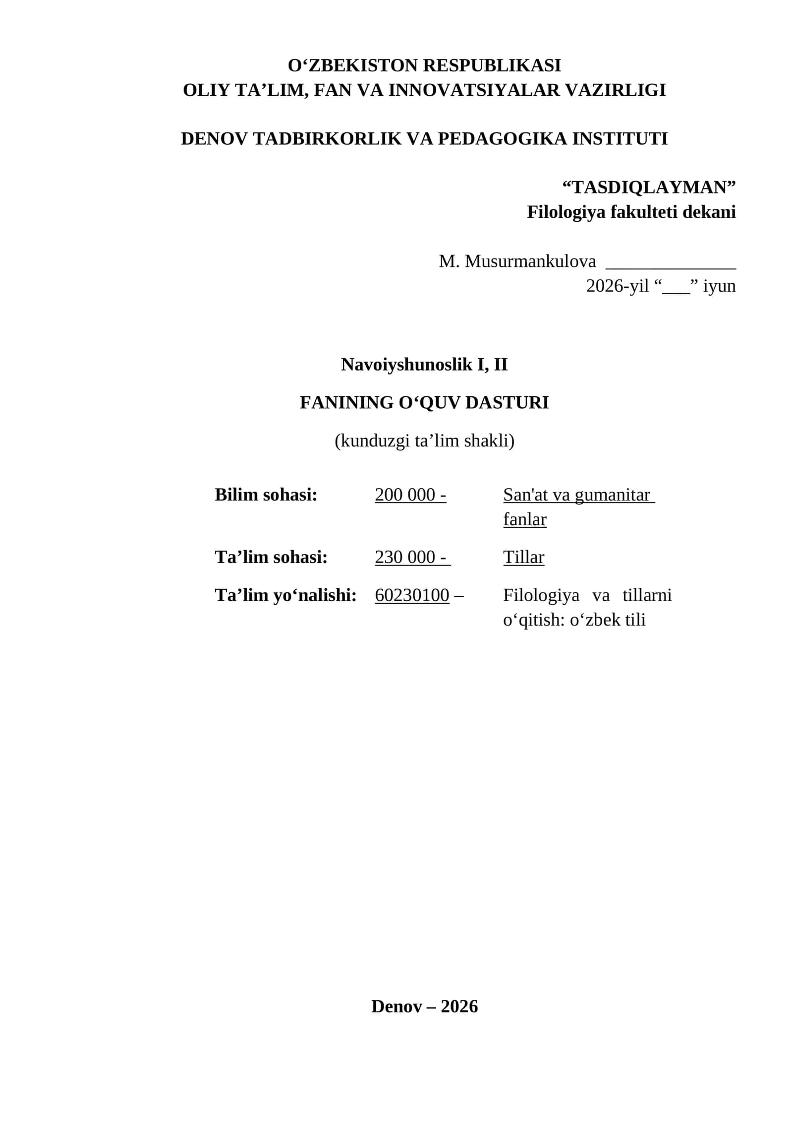 Navoiyshunoslik fanining o‘quv dasturi 2026 (Navoiyshunoslik I, II)