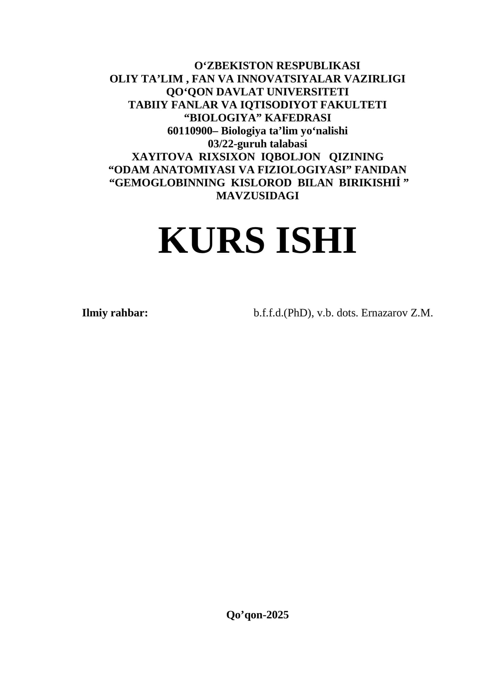 GEMOGLOBINNING KISLOROD BILAN BIRIKISHI