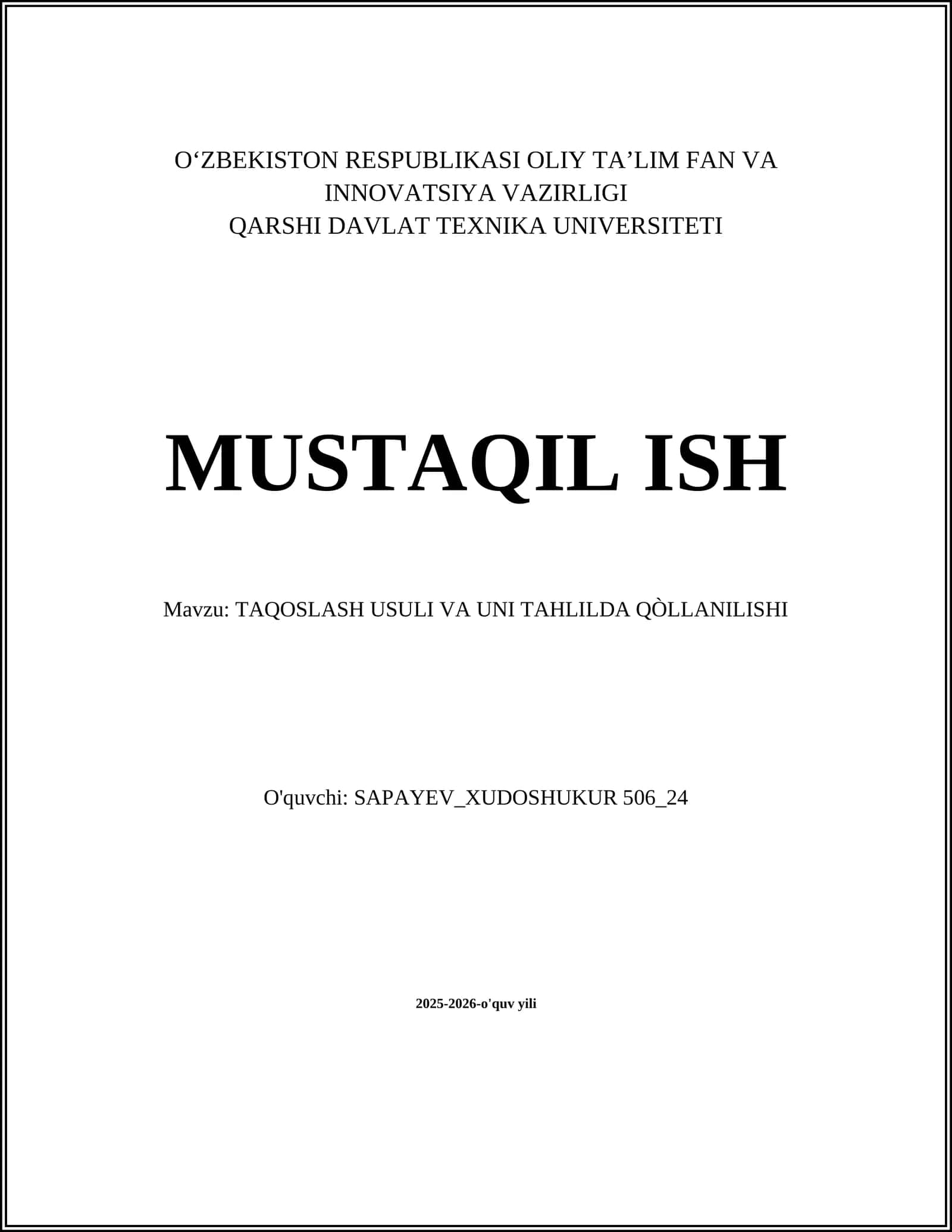 TAQOSLASH USULI VA UNI TAHLILDA QÒLLANILISHI
