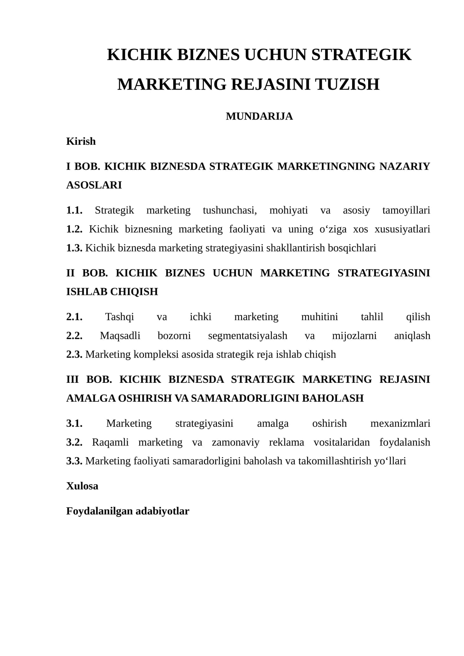 KICHIK BIZNES UCHUN STRATEGIK MARKETING REJASINI TUZISH