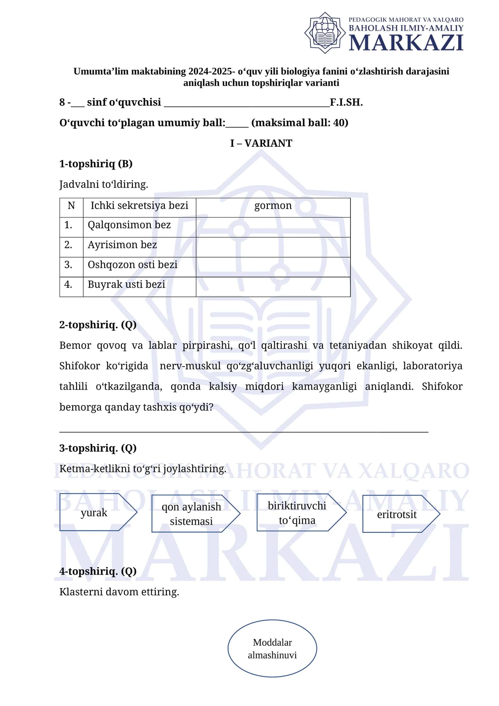 Umumta’lim maktabining 2024-2025-o‘quv yili biologiya fanini o‘zlashtirish darajasini aniqlash uchun topshiriqlar varianti