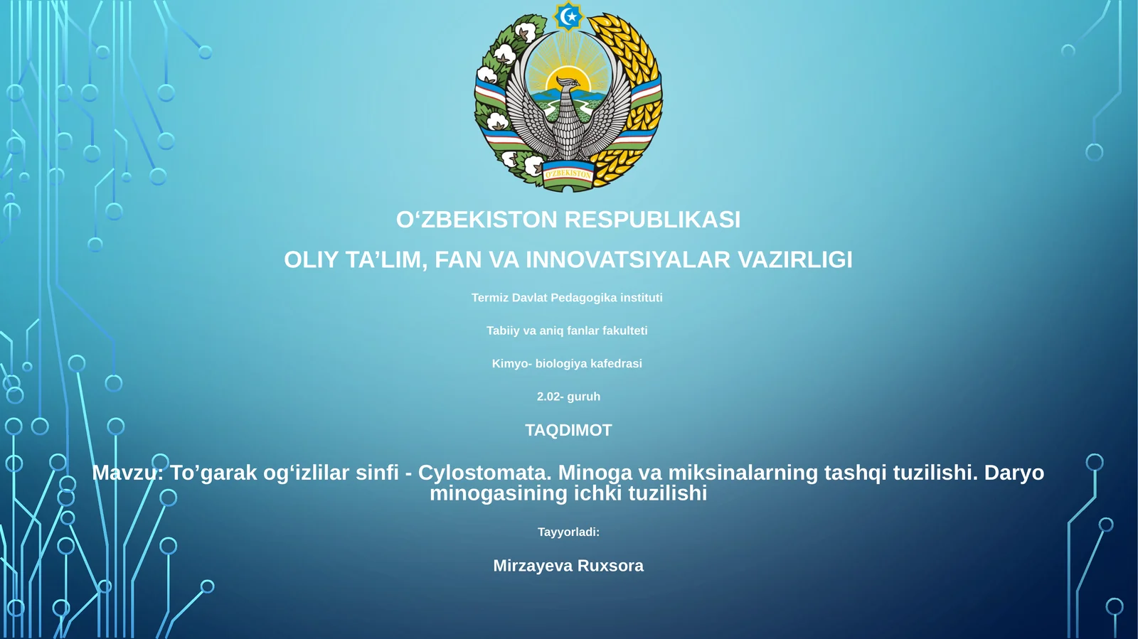 Toʼgarak ogʻizlilar sinfi - Cylostomata. Minoga va miksinalarning tashqi tuzilishi. Daryo minogasining ichki tuzilishi