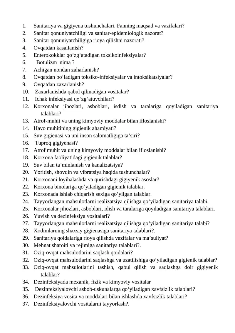 Sanitariya va gigiyena tushunchalari