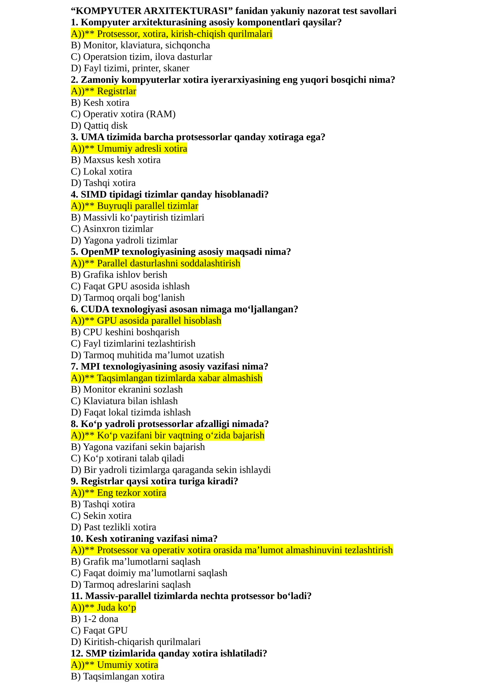 KOMPYUTER ARXITEKTURASI fanidan yakuniy nazorat test savollari
