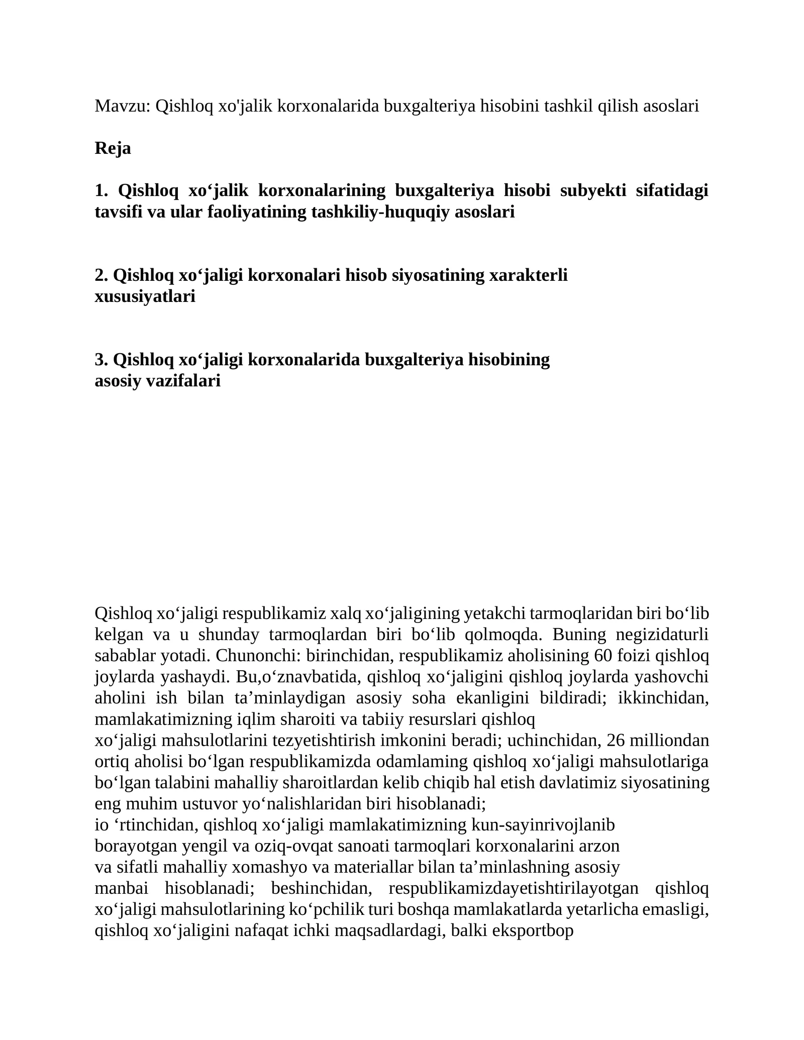 Qishloq xo'jalik korxonalarida buxgalteriya hisobini tashkil qilish asoslari