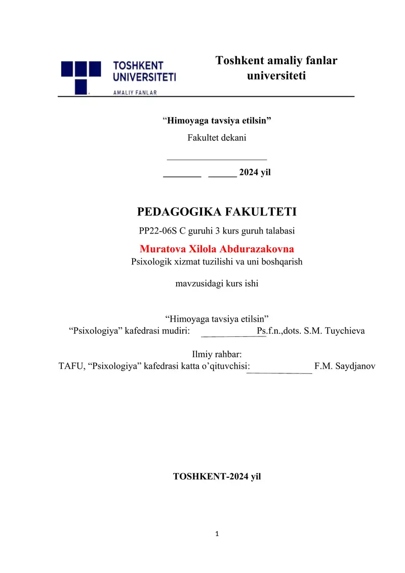 Psixologik xizmat tuzilishi va uni boshqarish