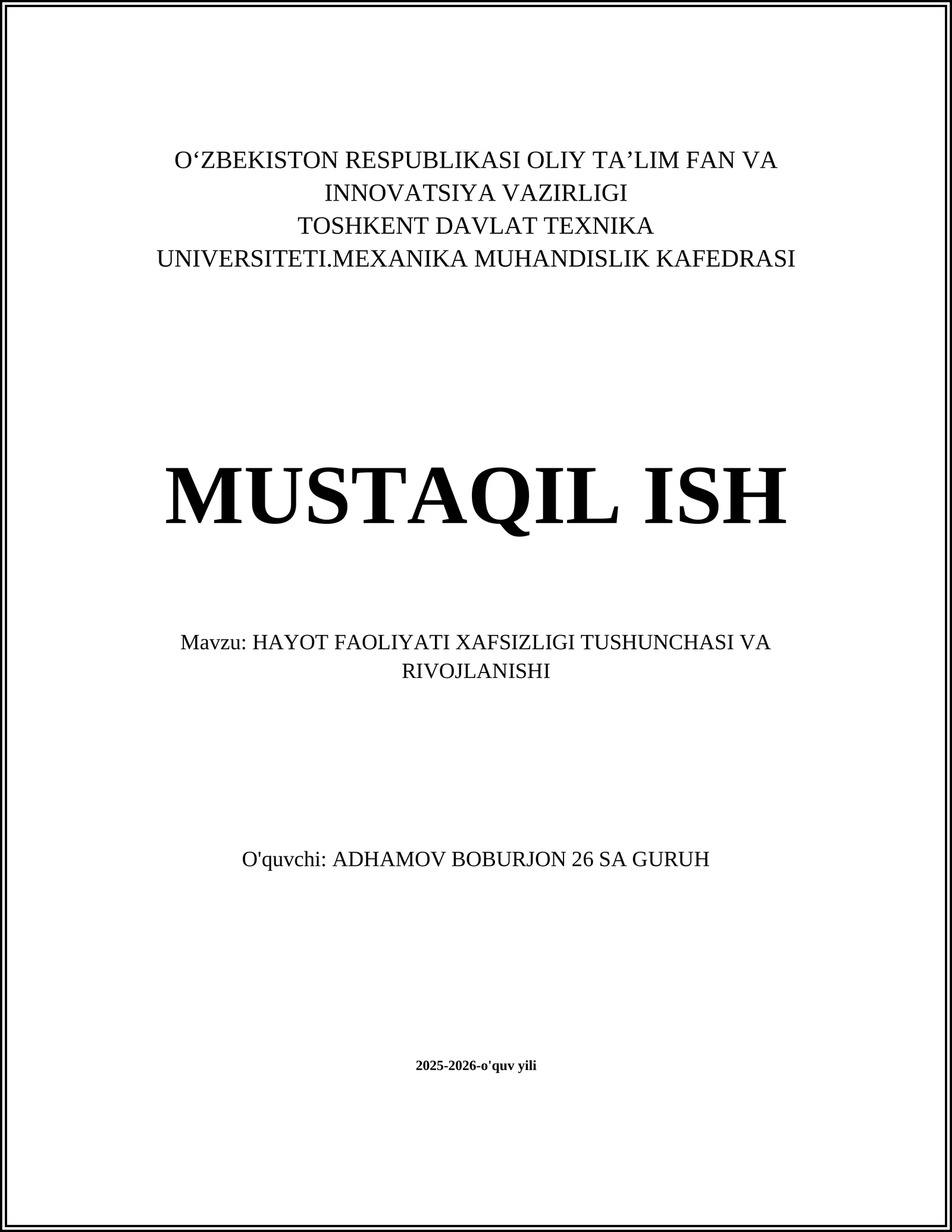 HAYOT FAOLIYATI XAFSIZLIGI TUSHUNCHASI VA RIVOJLANISHI