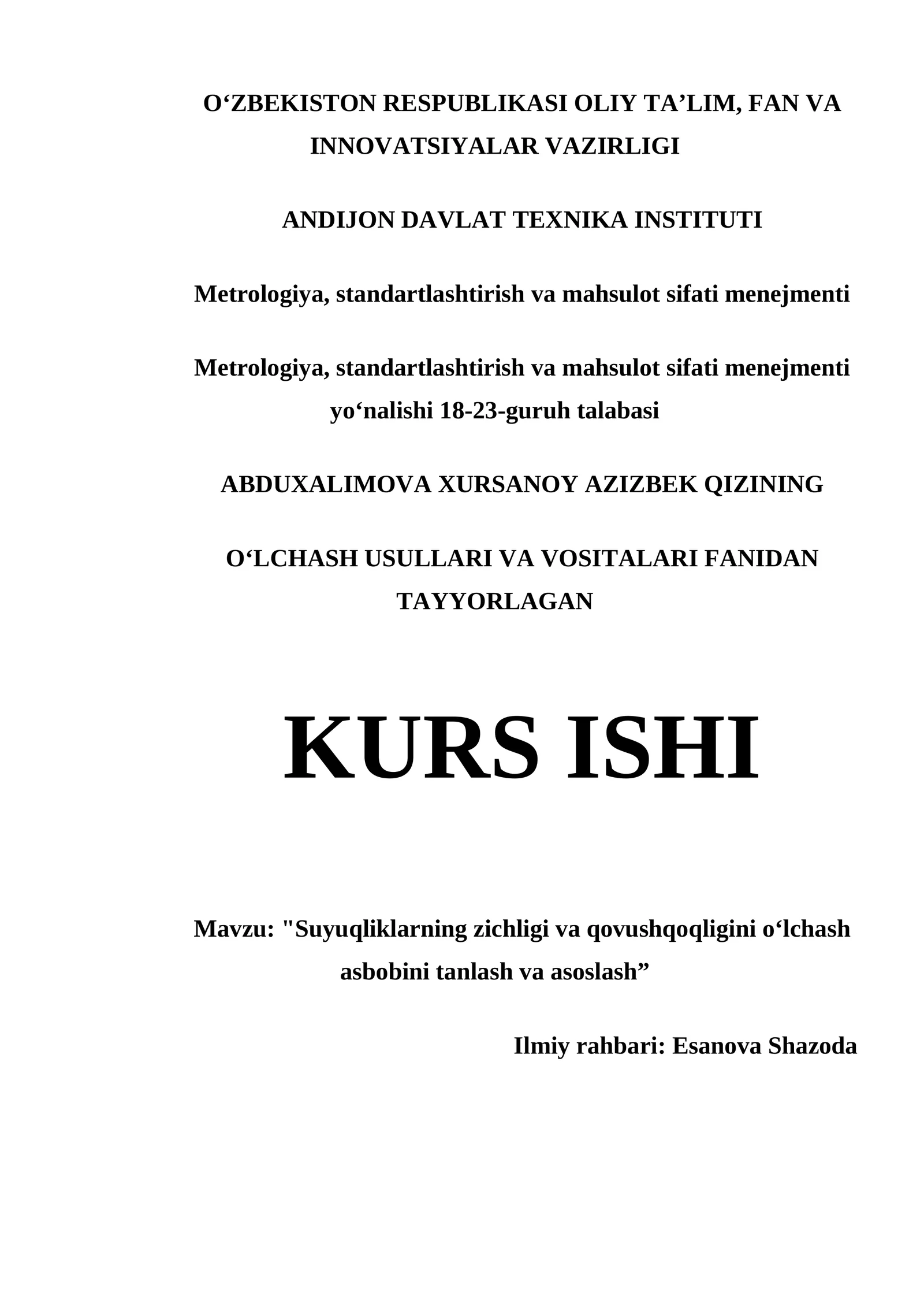 OʻLCHASH USULLARI VA VOSITALARI FANIDAN TAYYORLAGAN KURS ISHI