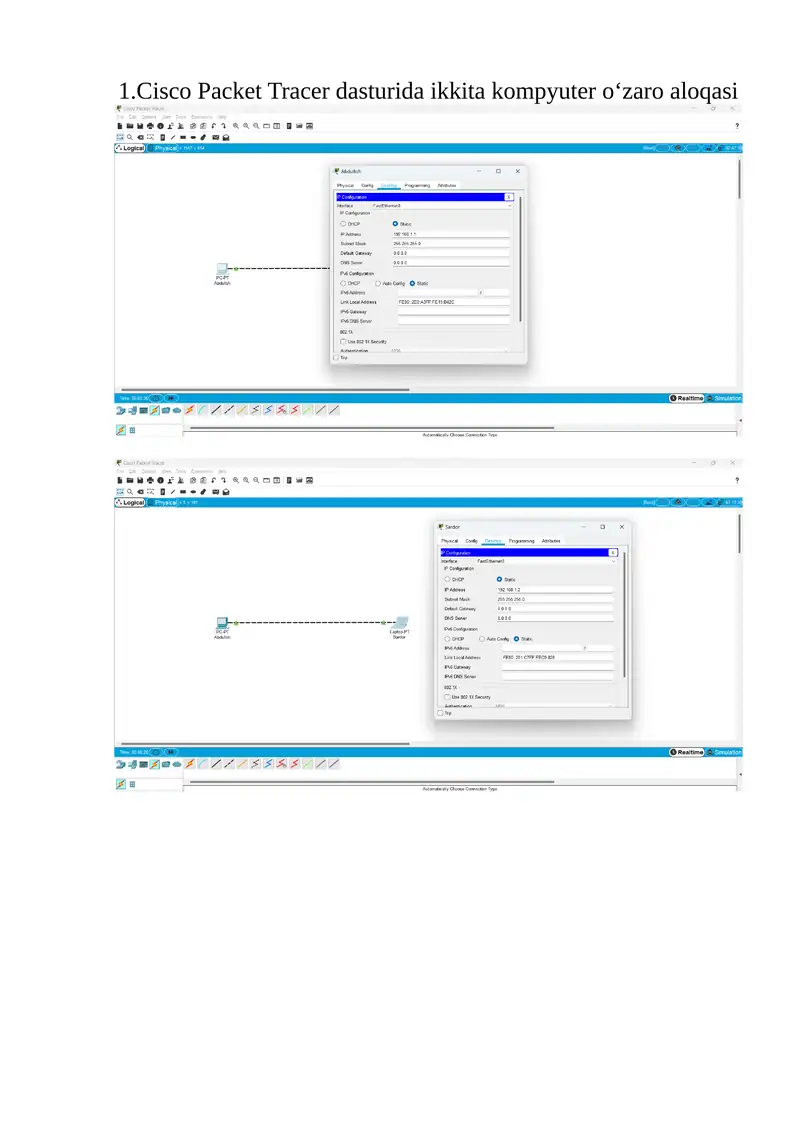 Cisco Packet Tracer dasturida ikkita kompyuter o‘zaro aloqasi