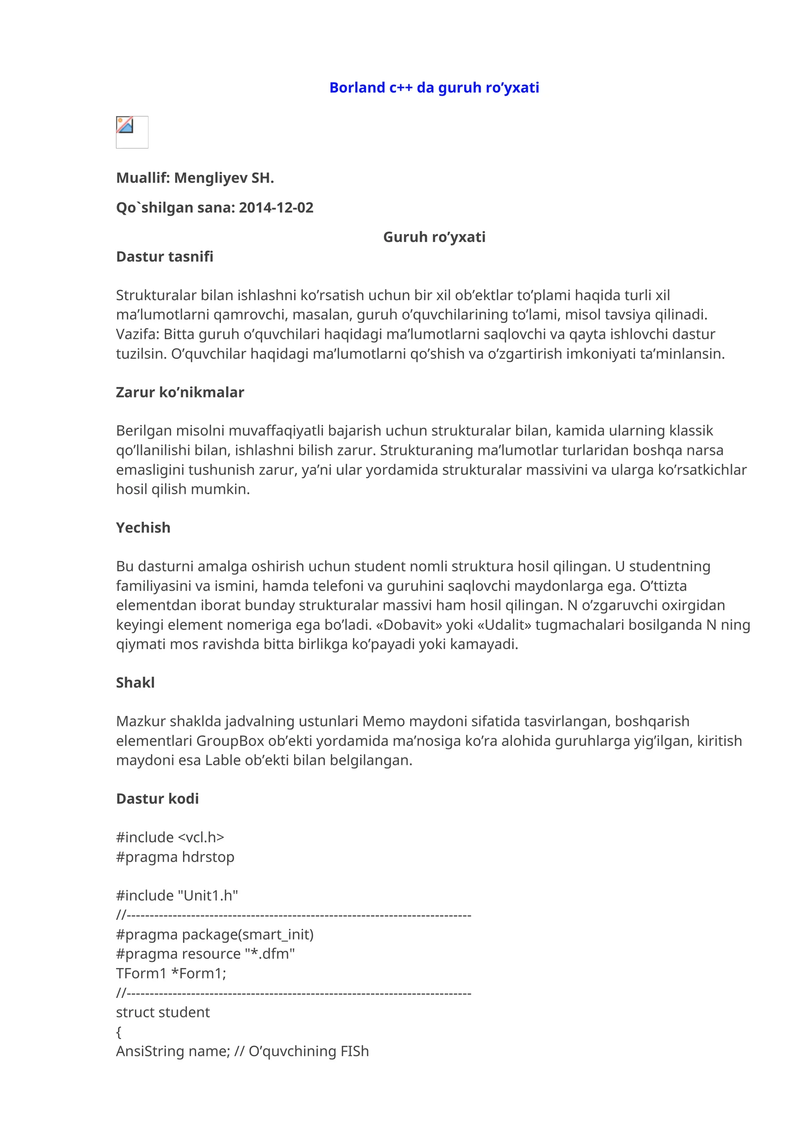 Borland c++ da guruh ro’yxati