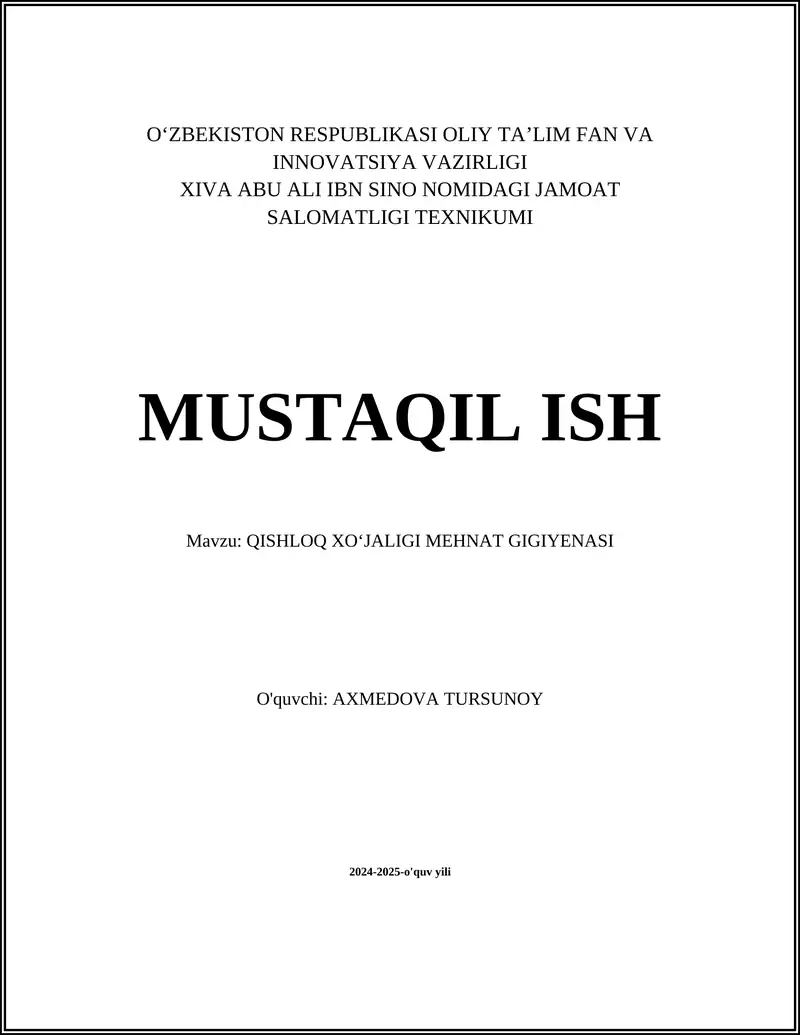 QISHLOQ XOʻJALIGI MEHNAT GIGIYENASI
