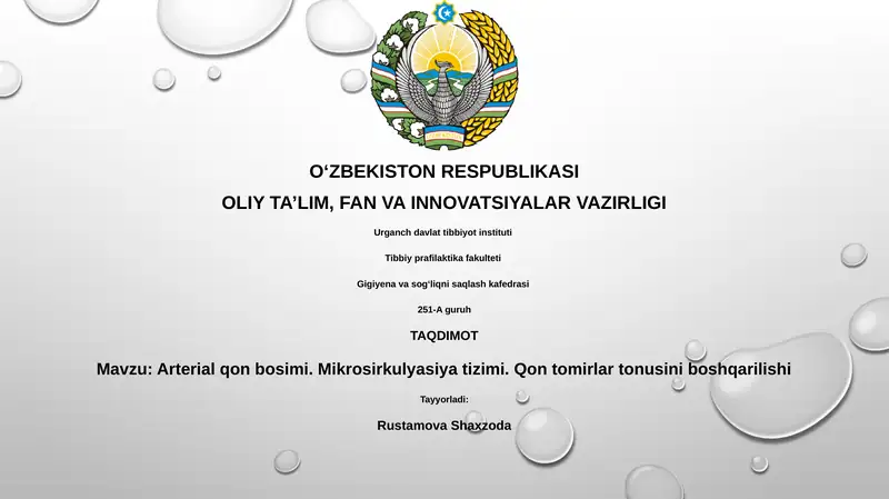 Arterial qon bosimi. Mikrosirkulyasiya tizimi. Qon tomirlar tonusini boshqarilishi