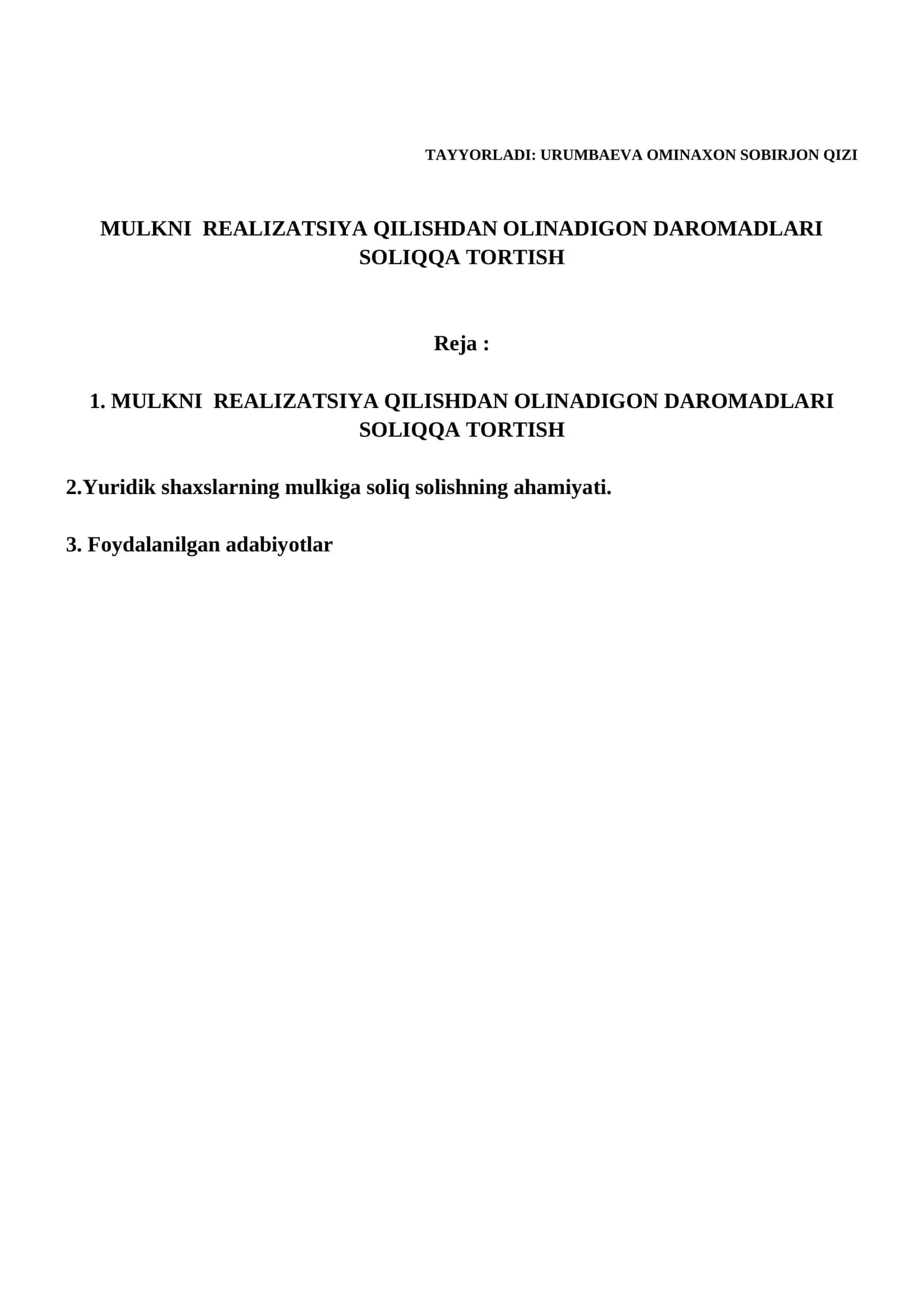 Yuridik shaxslarning mulkiga soliq solishning ahamiyati