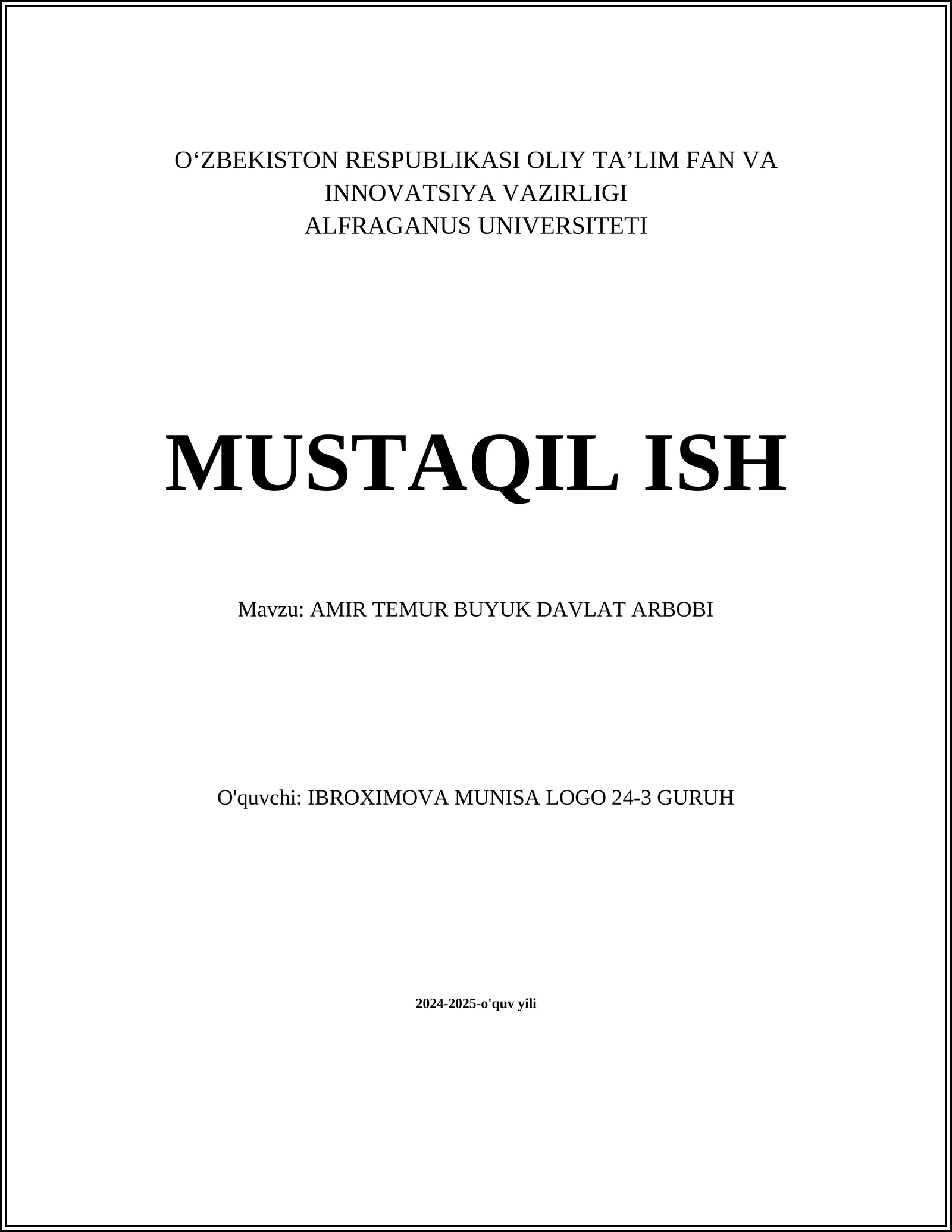 AMIR TEMUR BUYUK DAVLAT ARBOBI