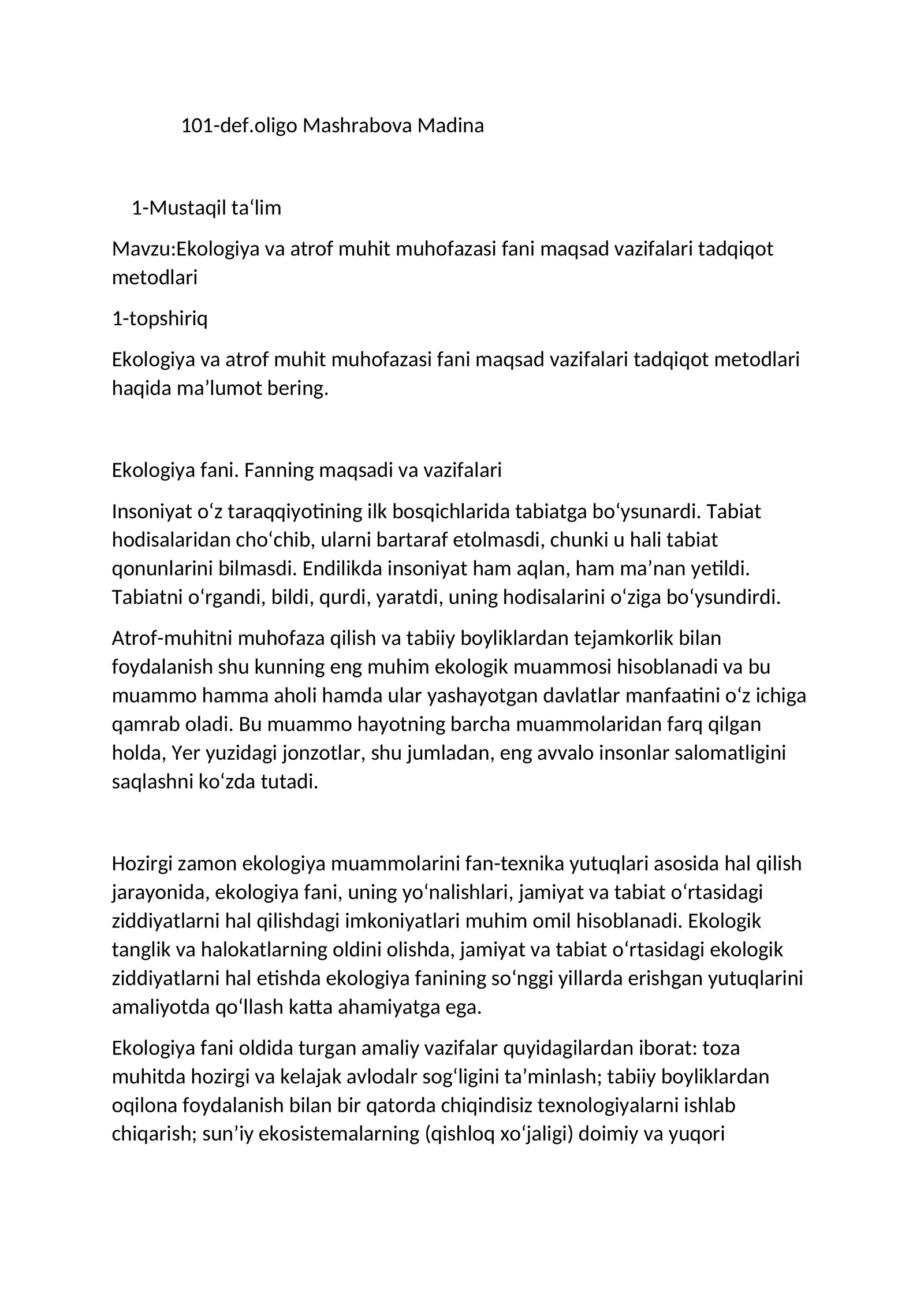 Ekologiya va Atrof Muhit Muhofazasi Fani