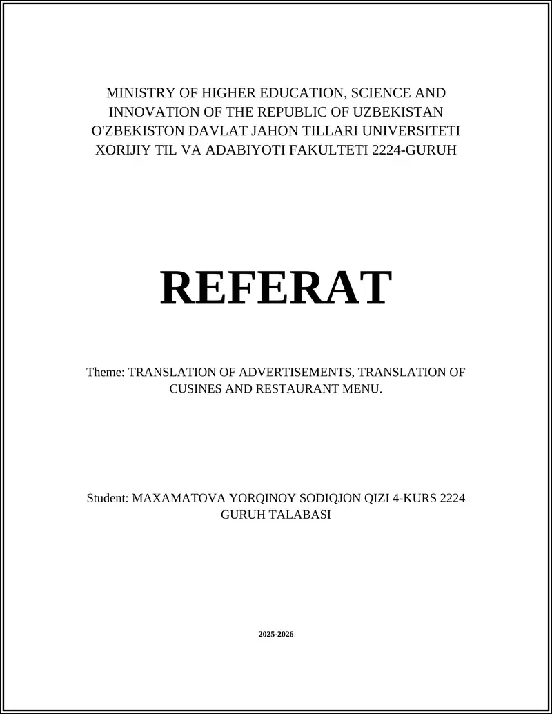 TRANSLATION OF ADVERTISEMENTS, TRANSLATION OF CUSINES AND RESTAURANT MENU