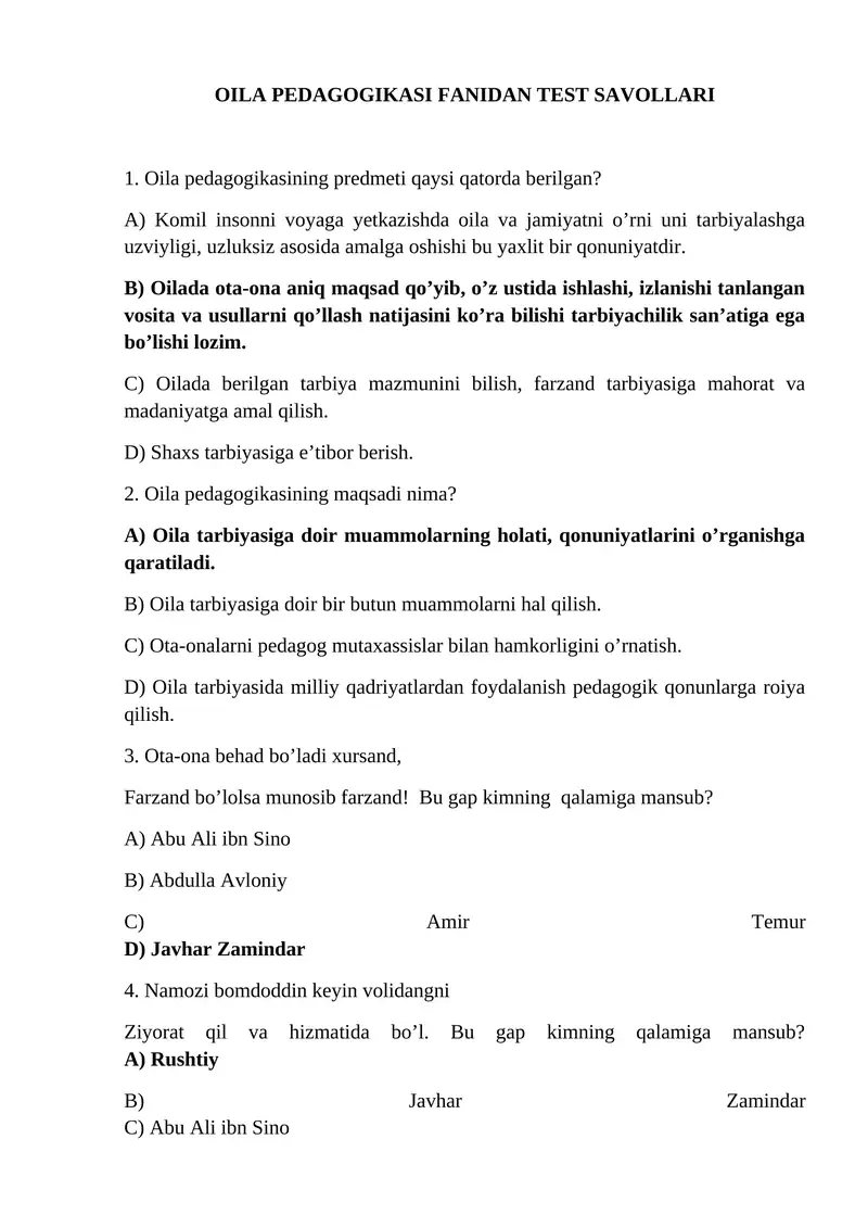 OILA PEDAGOGIKASI FANIDAN TEST SAVOLLARI