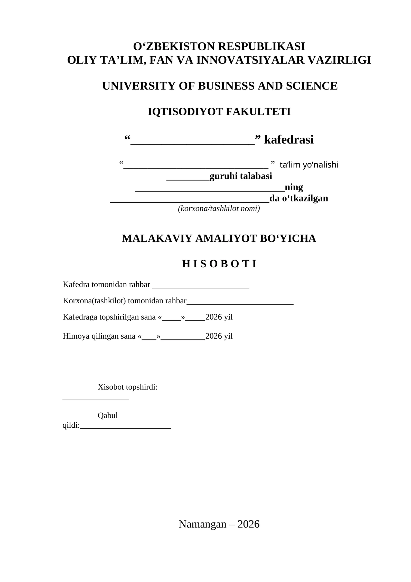 MALAKAVIY AMALIYOT BO'YICHA HISOBOTI