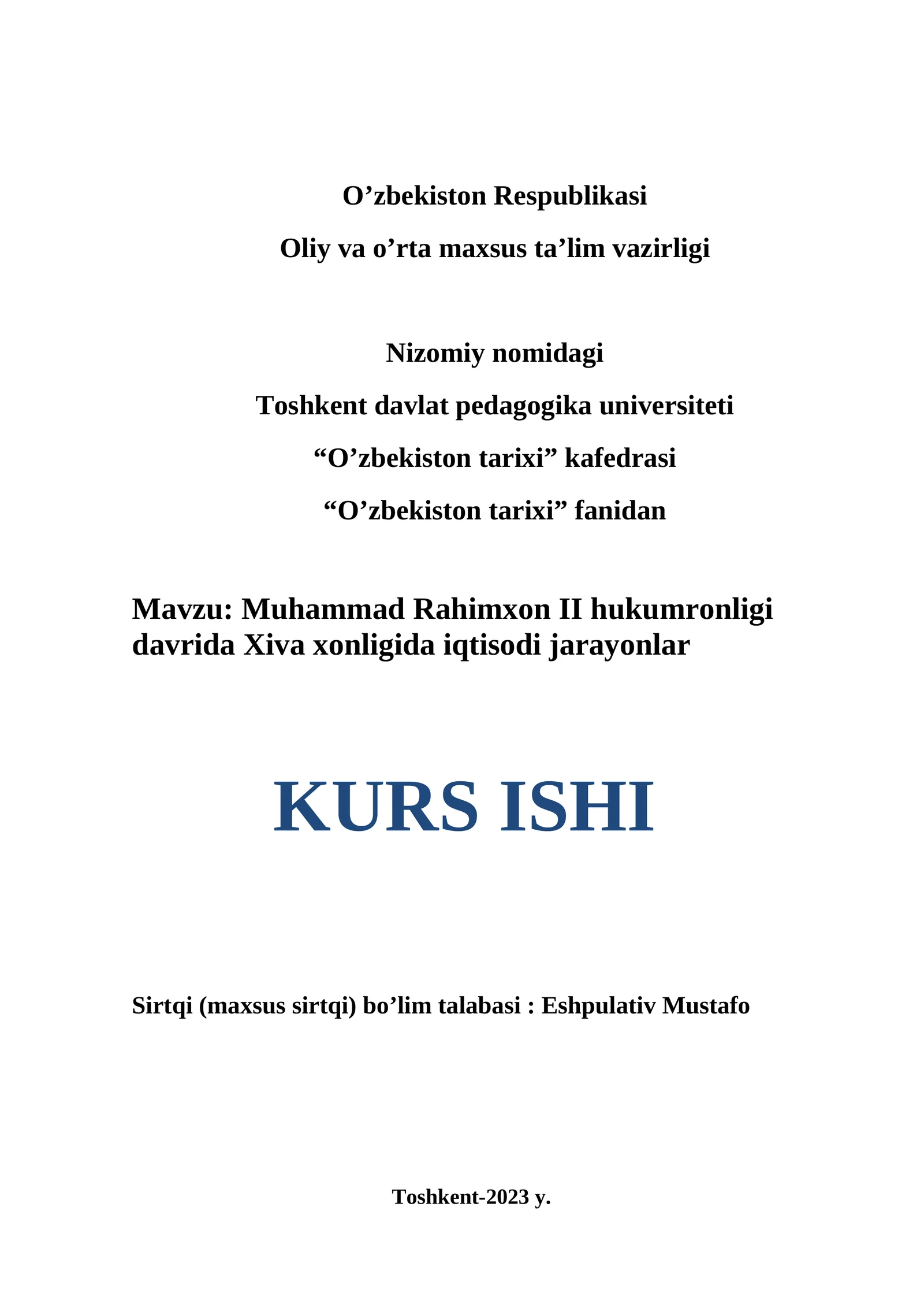 Muhammad Rahimxon II hukumronligi davrida Xiva xonligida iqtisodi jarayonlar KURS ISHI