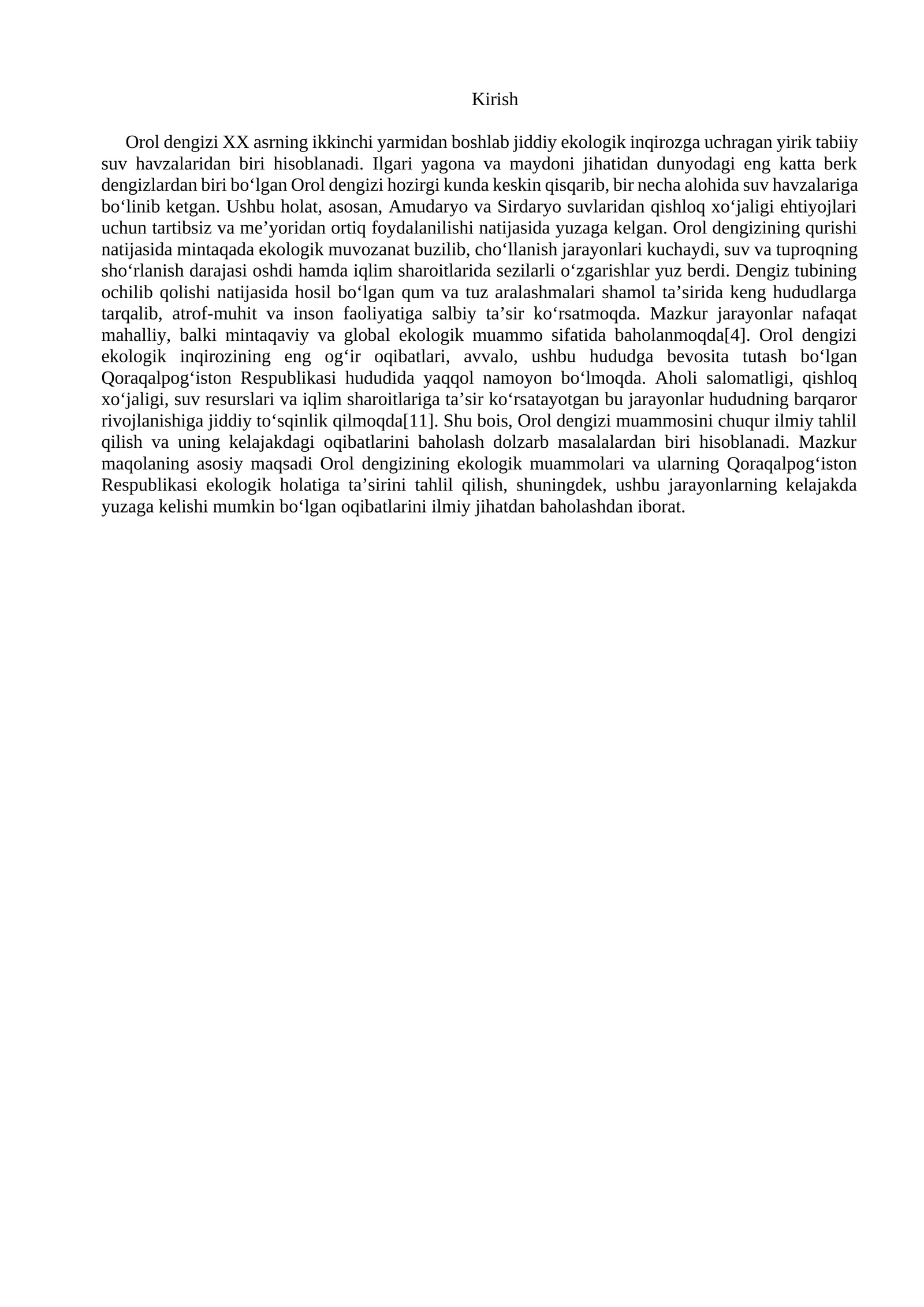 Orol dengizi ekologik inqirozi
