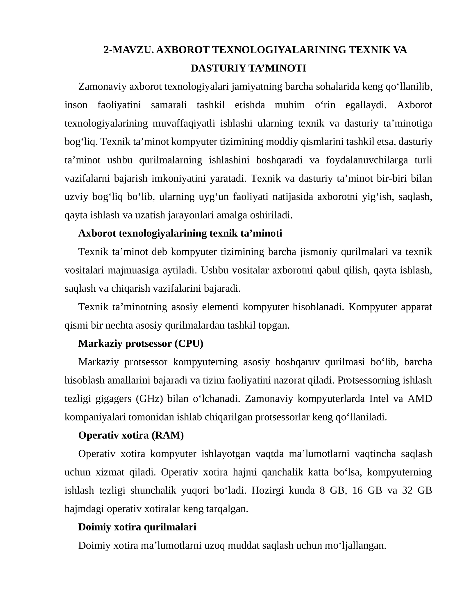 Axborot texnologiyalarining texnik va dasturiy ta’minoti