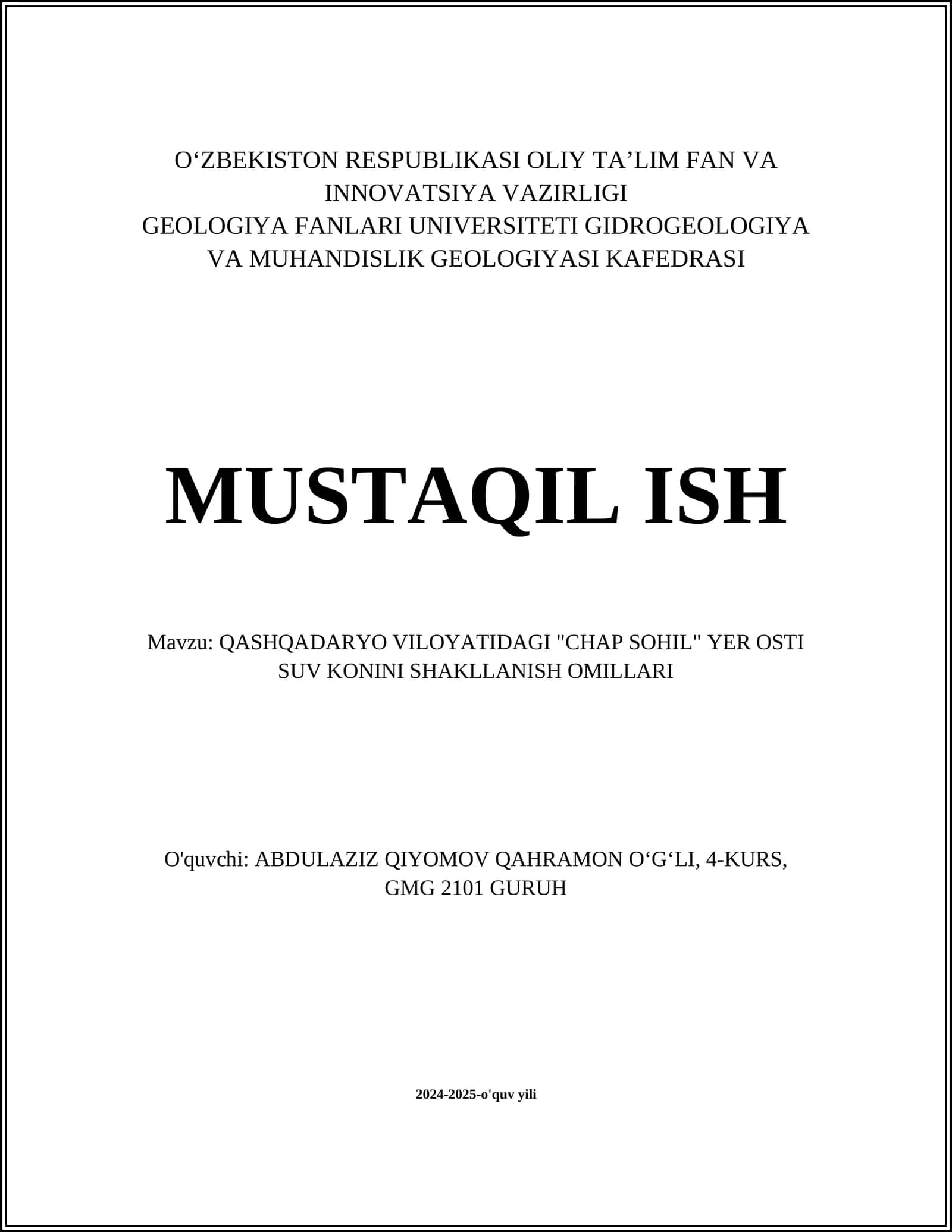 QASHQADARYO VILOYATIDAGI "CHAP SOHIL" YER OSTI SUV KONINI SHAKLLANISH OMILLARI